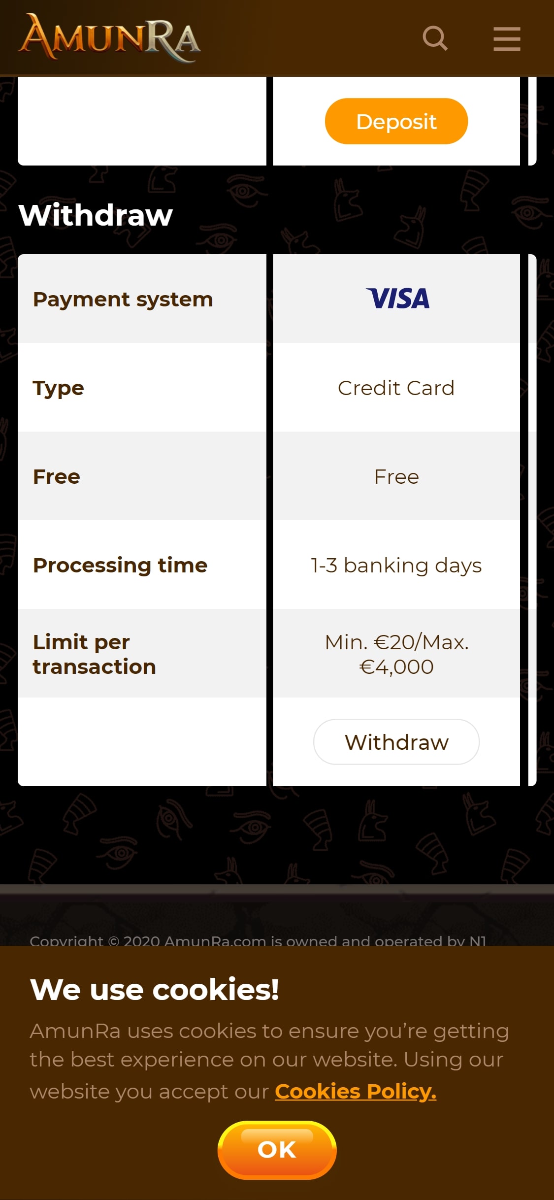 Amunra Casino Mobile Payment Methods Review