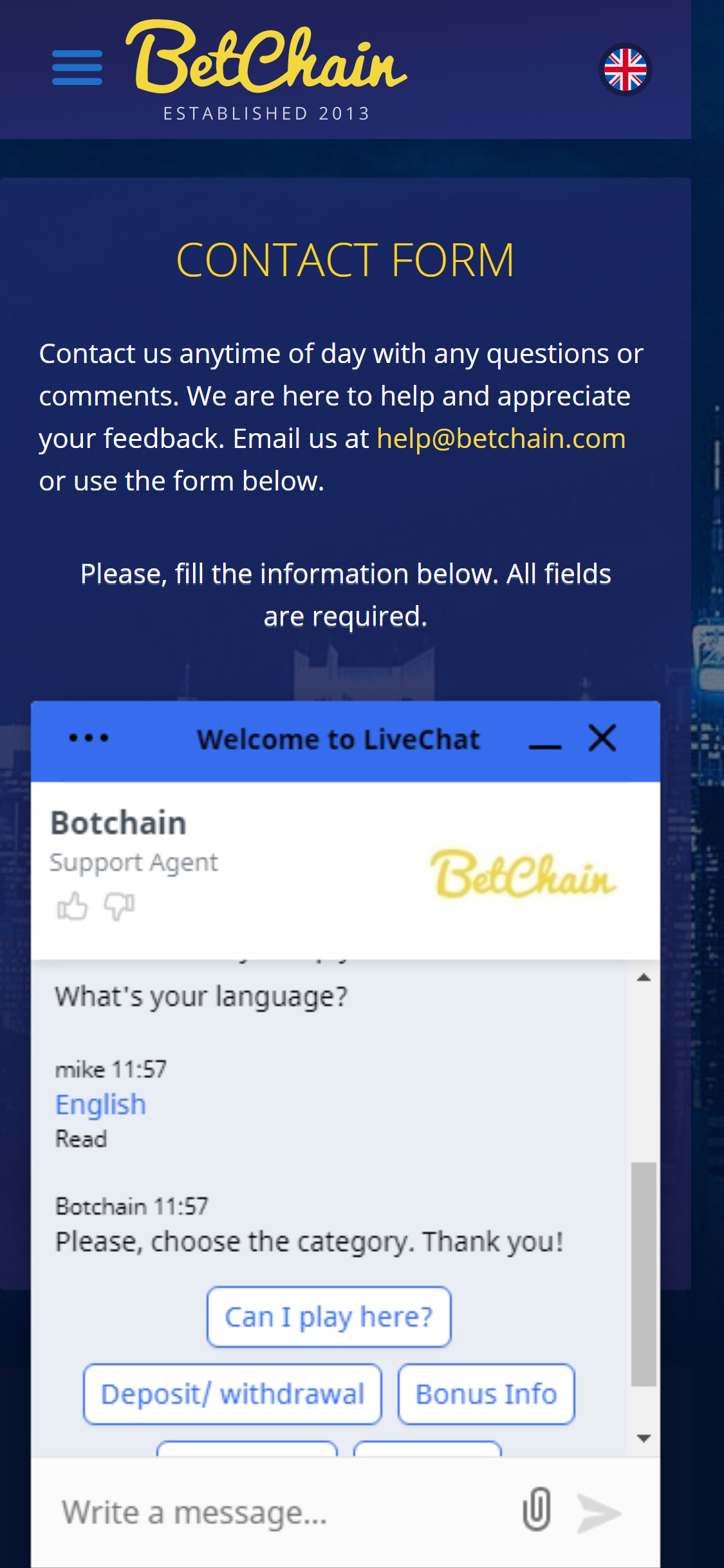 BetChain Casino Mobile Support Review