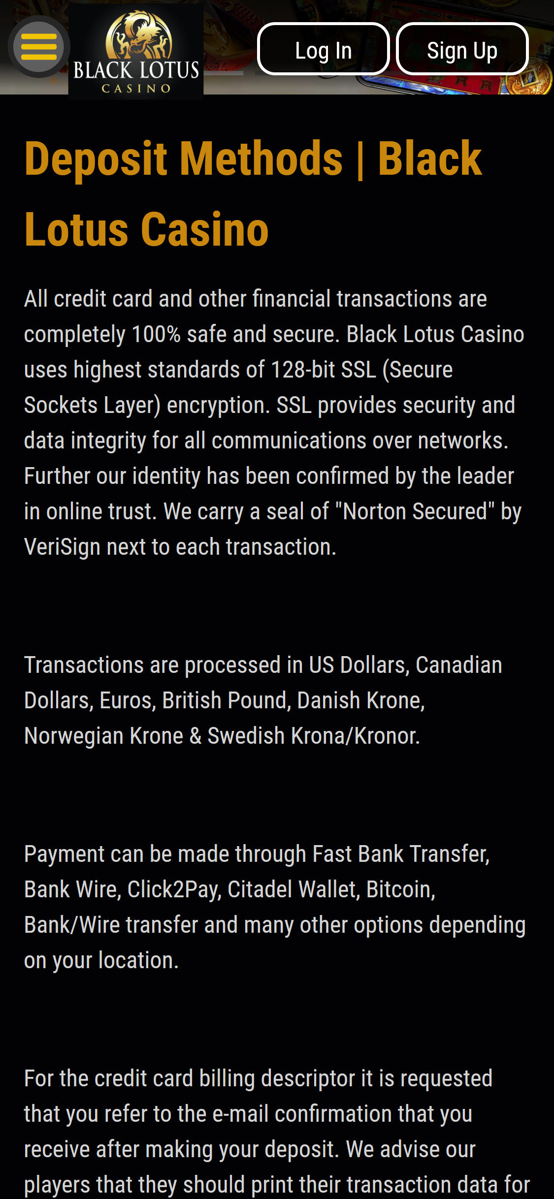 Black Lotus Casino Mobile Payment Methods Review