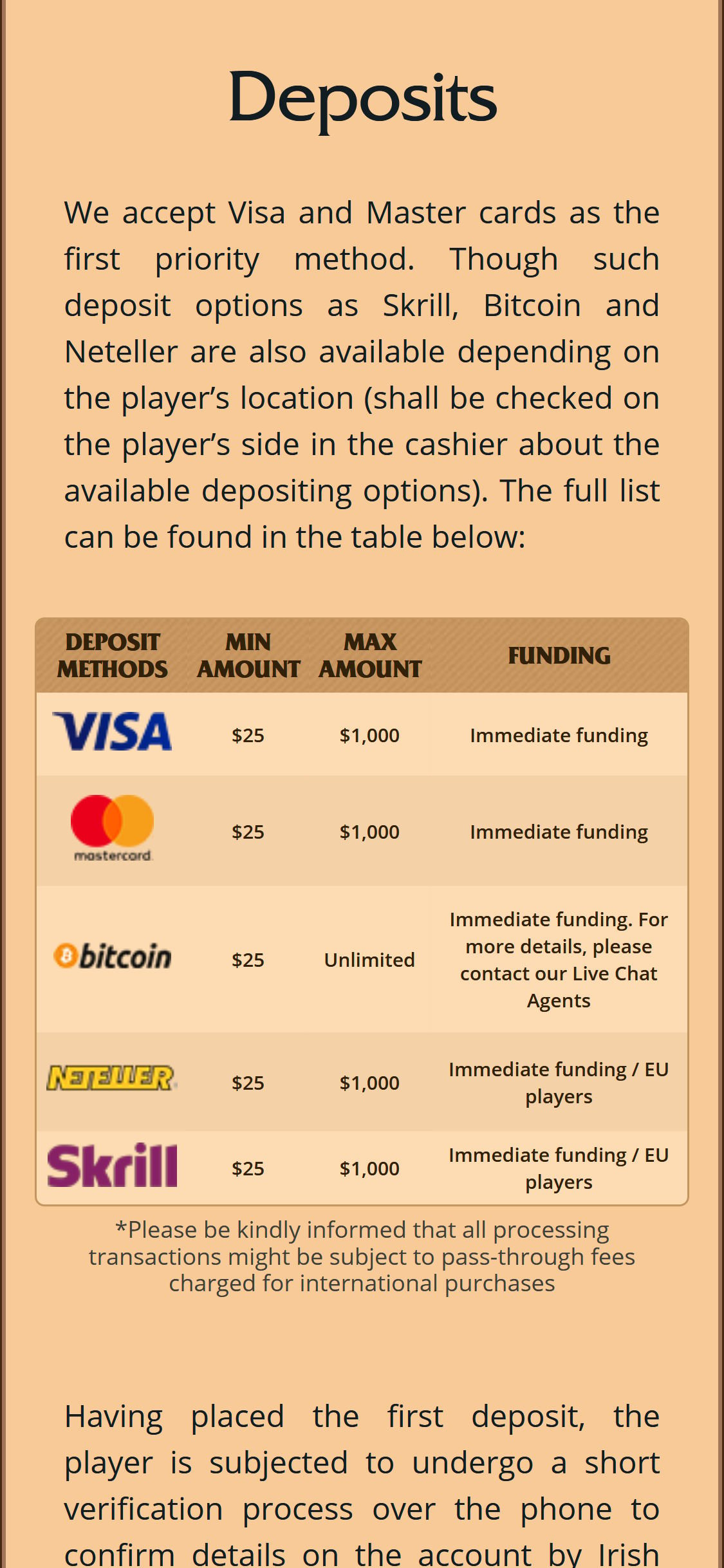 IrishLuck Casino Mobile Payment Methods Review