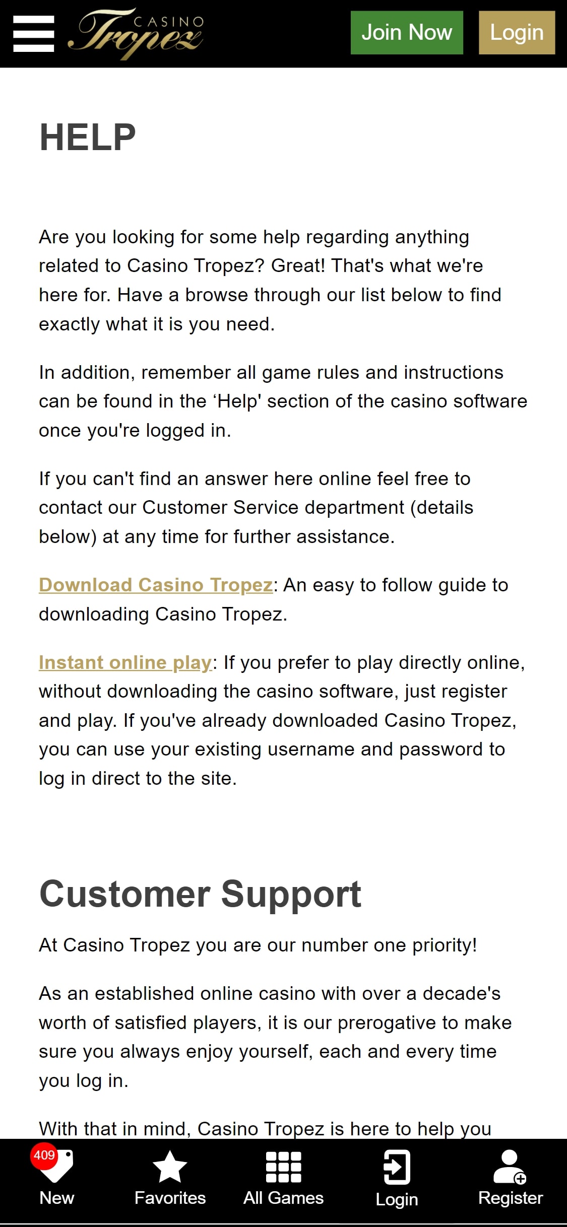 Casino Tropez Mobile Support Review