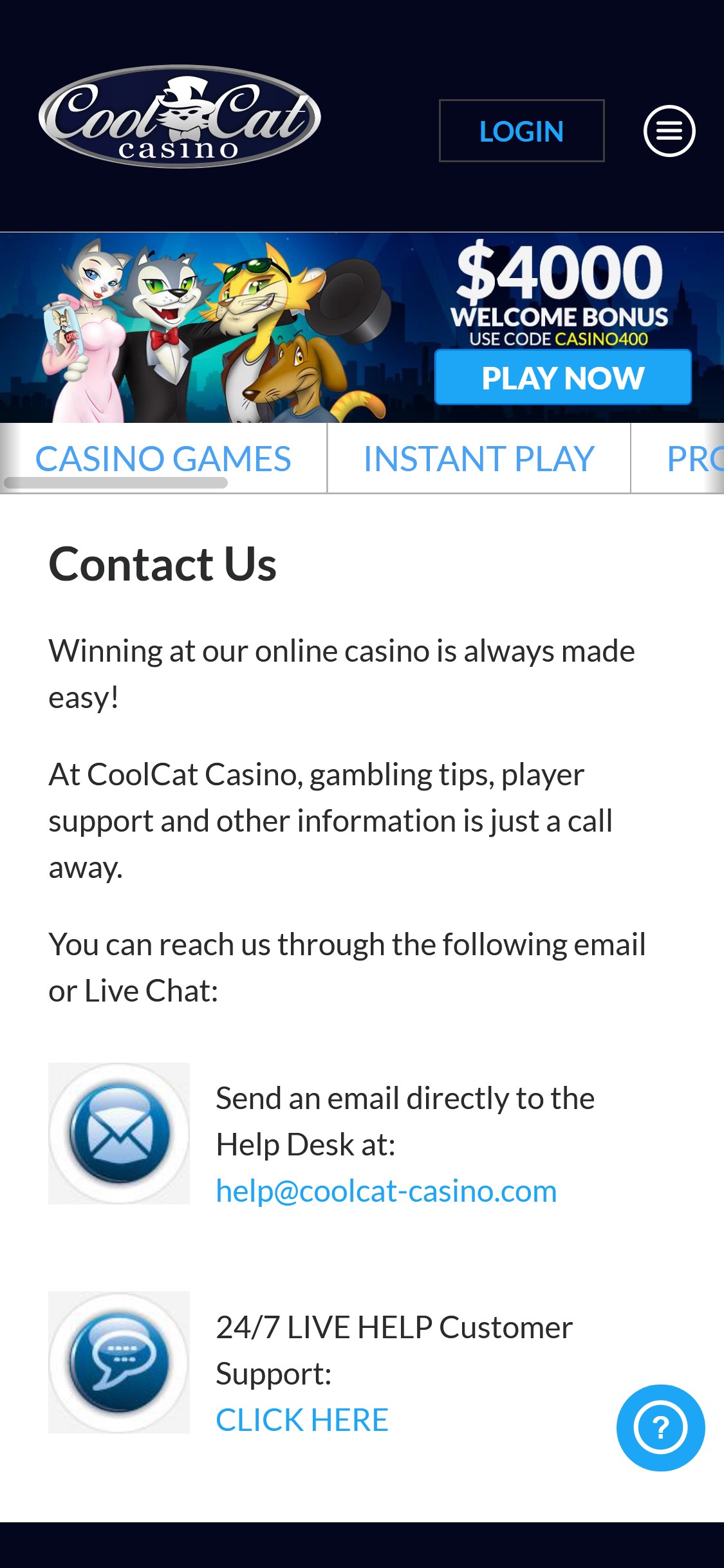 CoolCat Casino Mobile Support Review