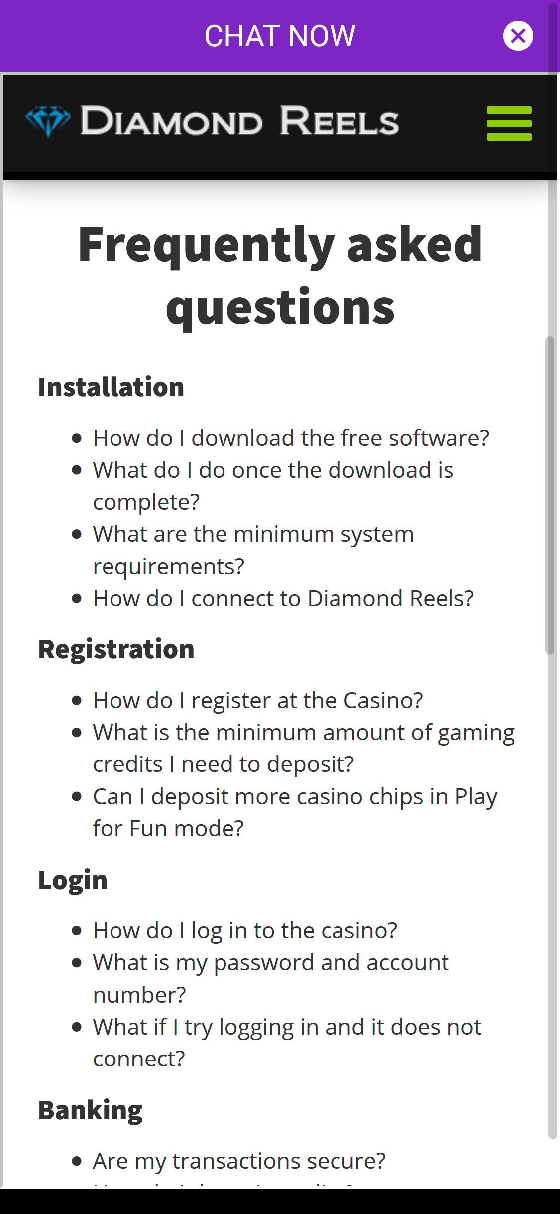 Diamond Reels Casino Mobile Support Review