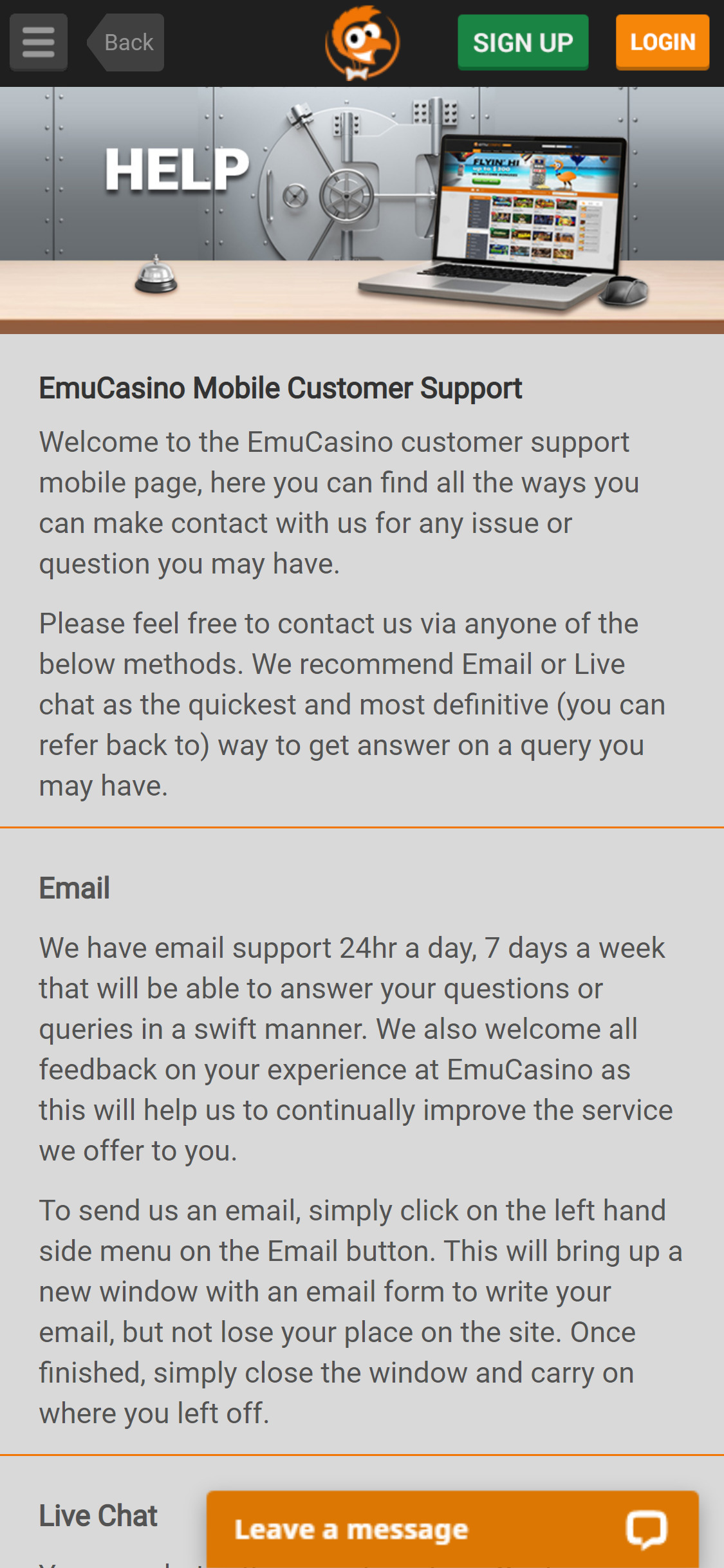 Emu Casino Mobile Support Review