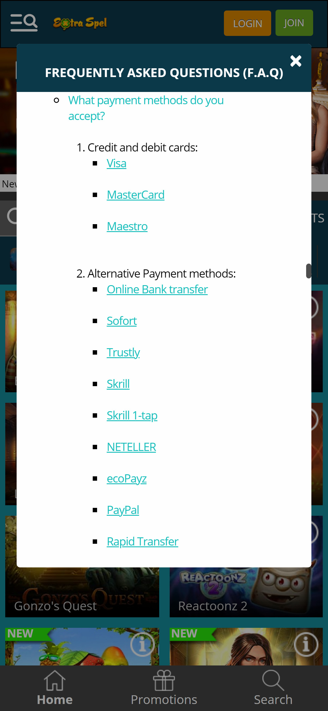 Extra Spel Casino Mobile Payment Methods Review