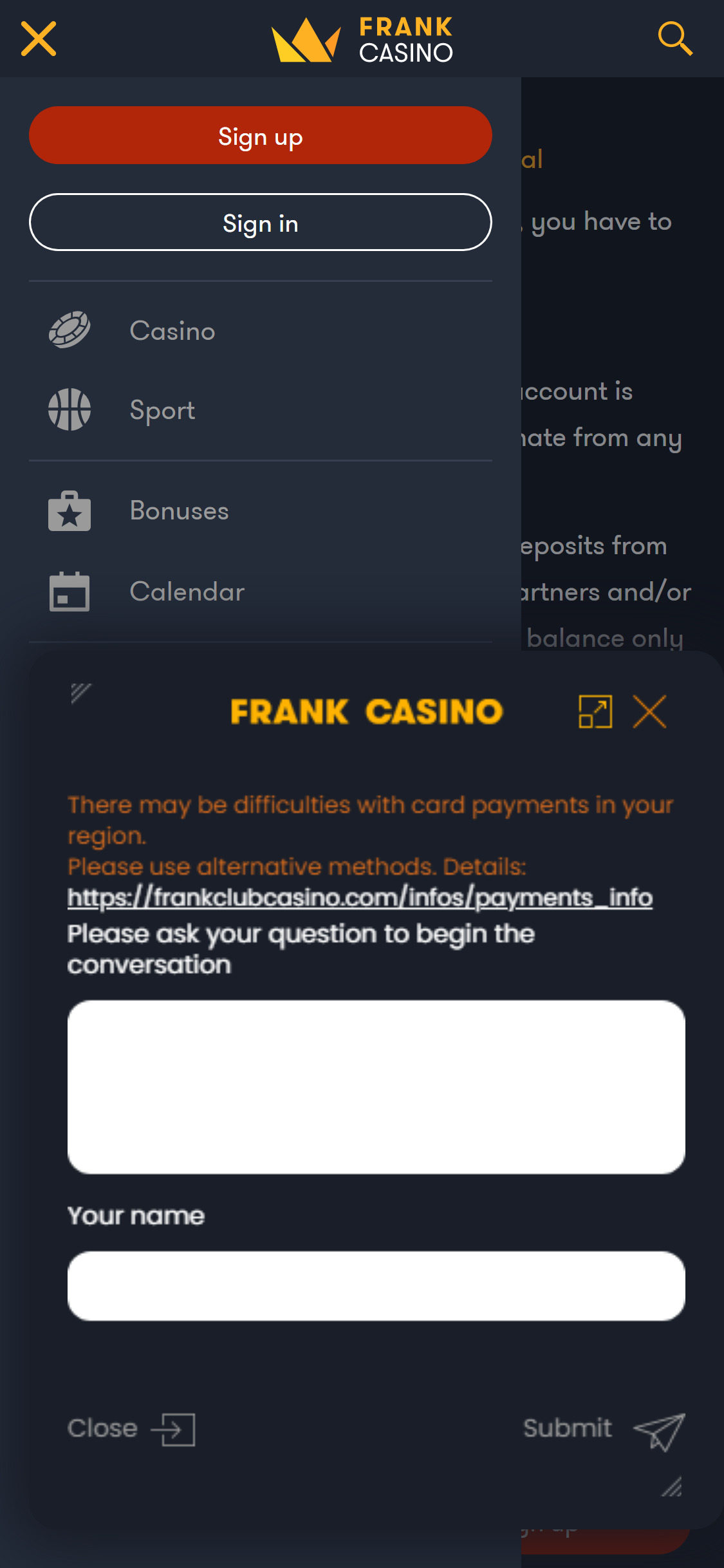 Frank Casino Mobile Support Review
