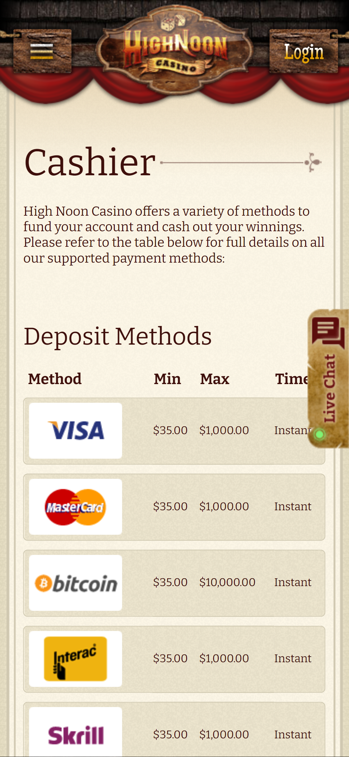 High Noon Casino Mobile Payment Methods Review