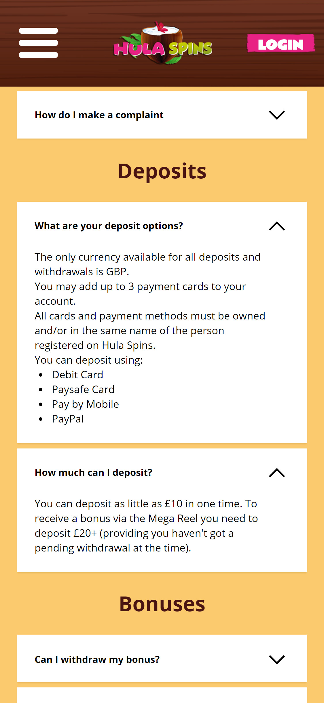 Hula Spins Casino Mobile Payment Methods Review