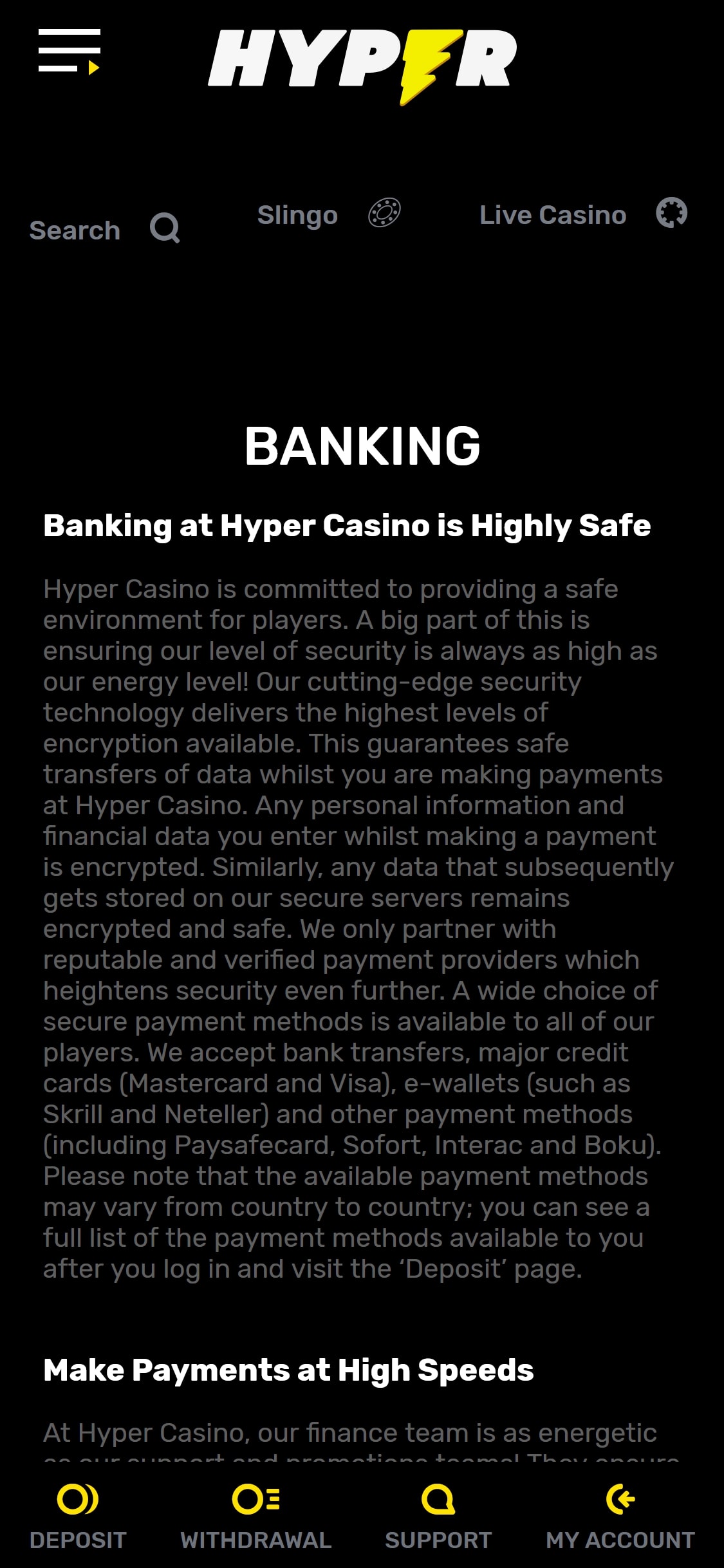 Hyper Casino Mobile Payment Methods Review