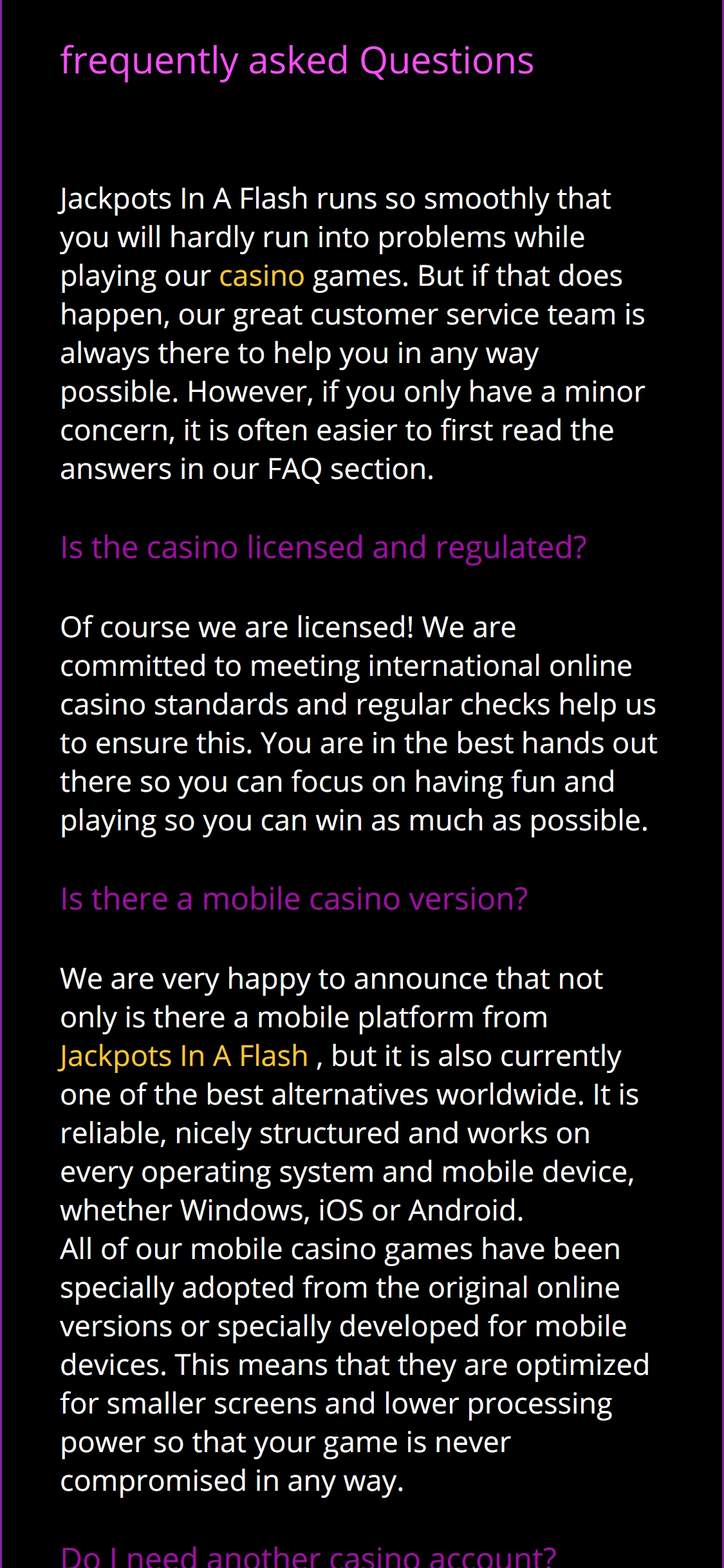 Jackpots In A Flash Casino Mobile Support Review
