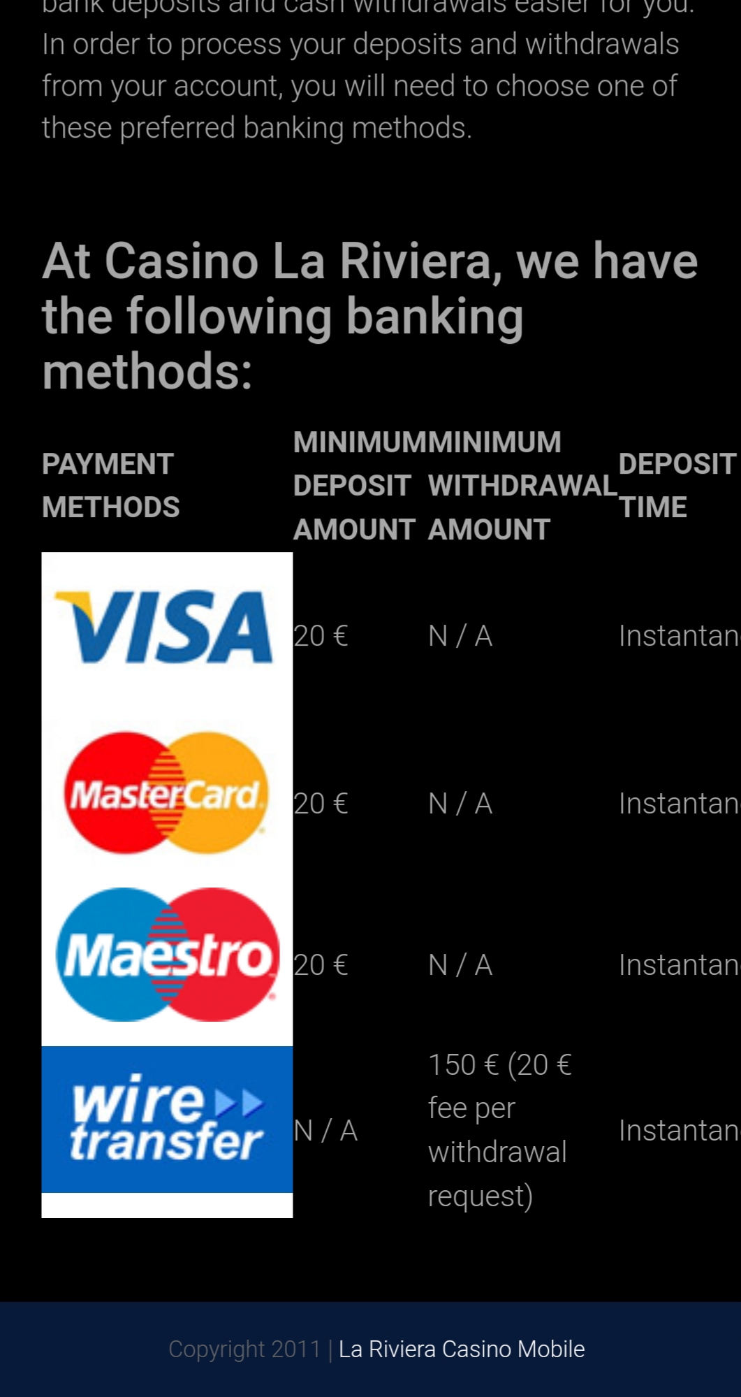 La Riviera Casino Mobile Payment Methods Review