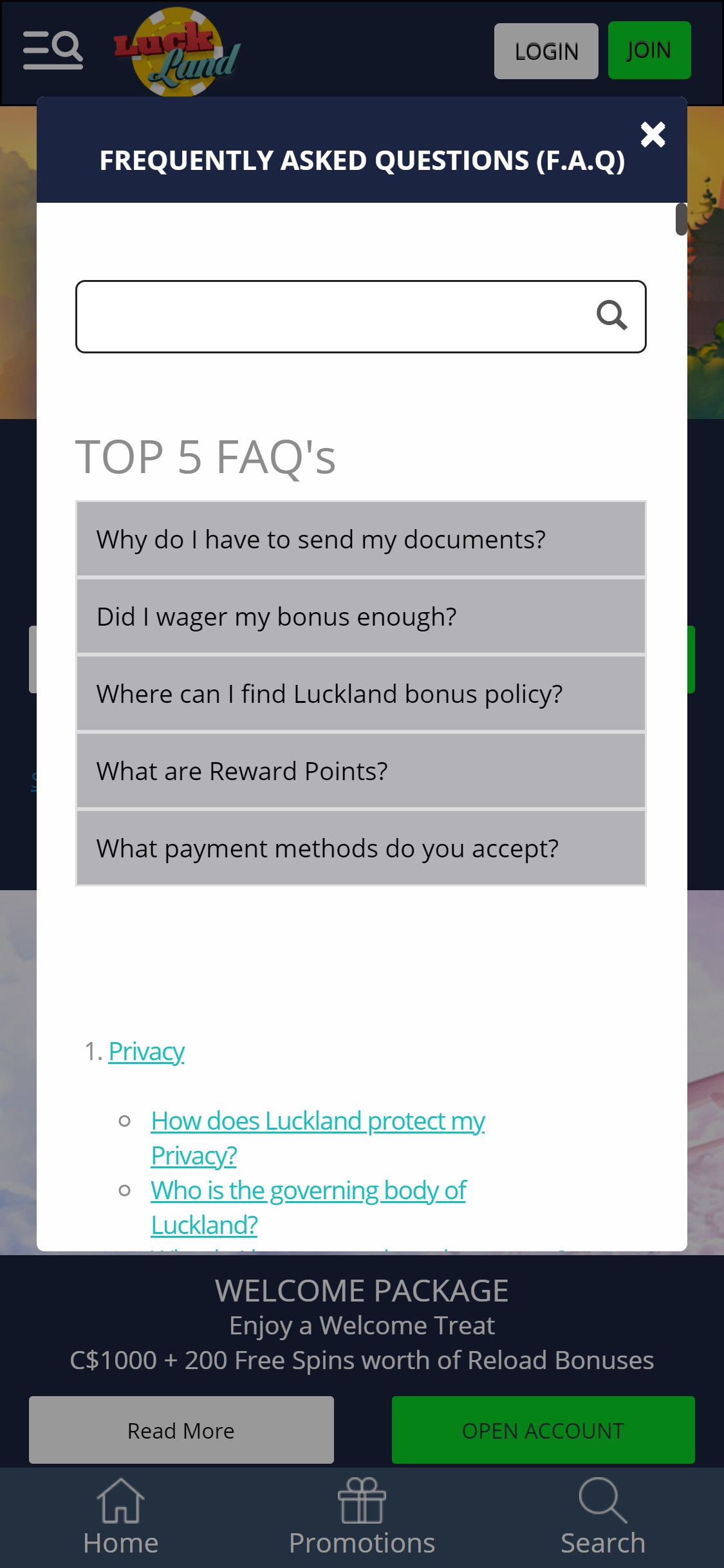 LuckLand Casino Mobile Support Review