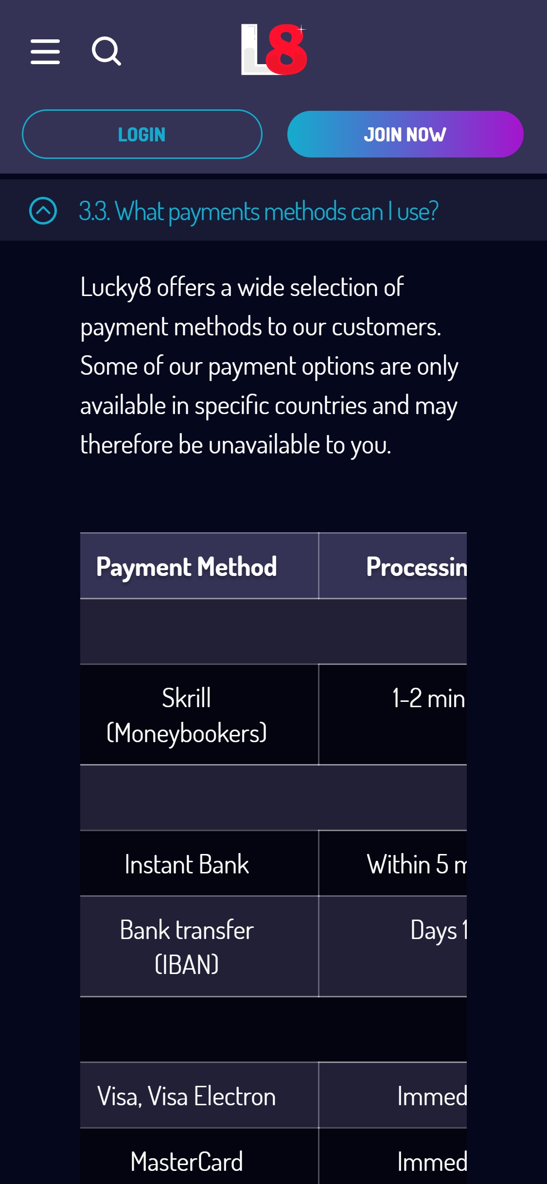Lucky8 Casino Mobile Payment Methods Review