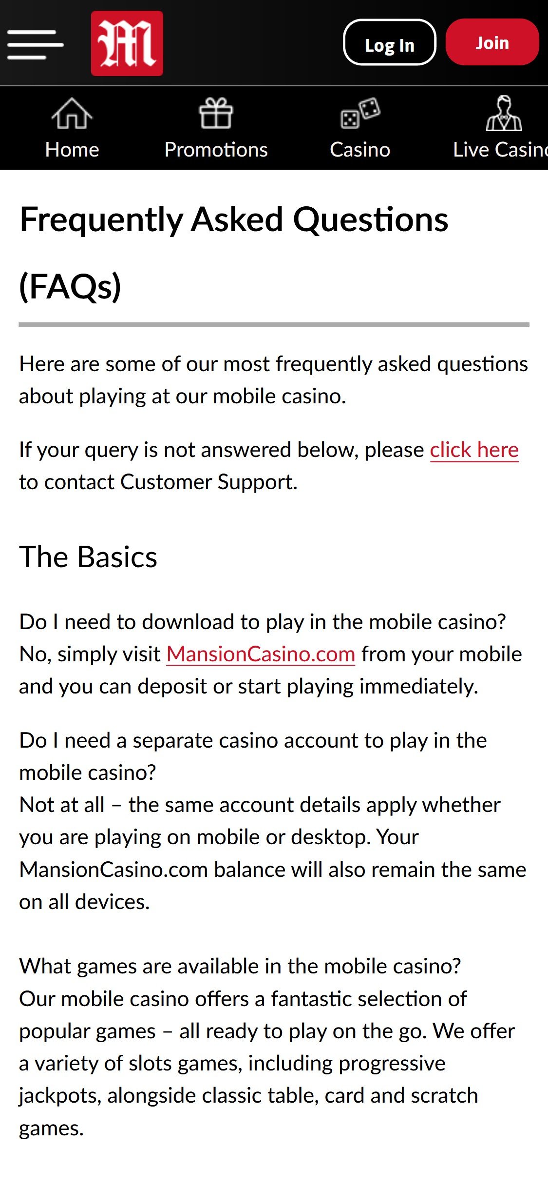 Mansion Casino Mobile Support Review