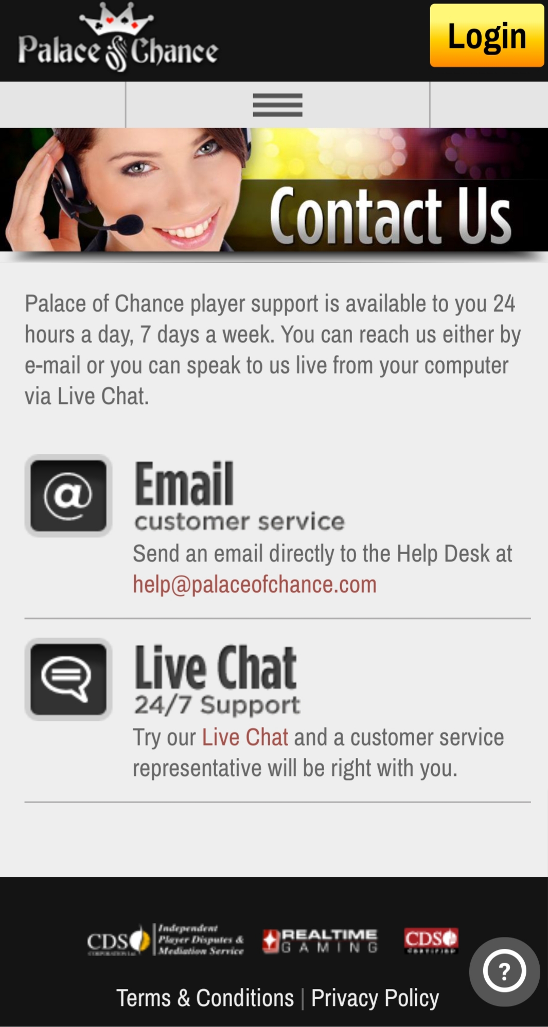 Palace Of Chance Casino Mobile Support Review