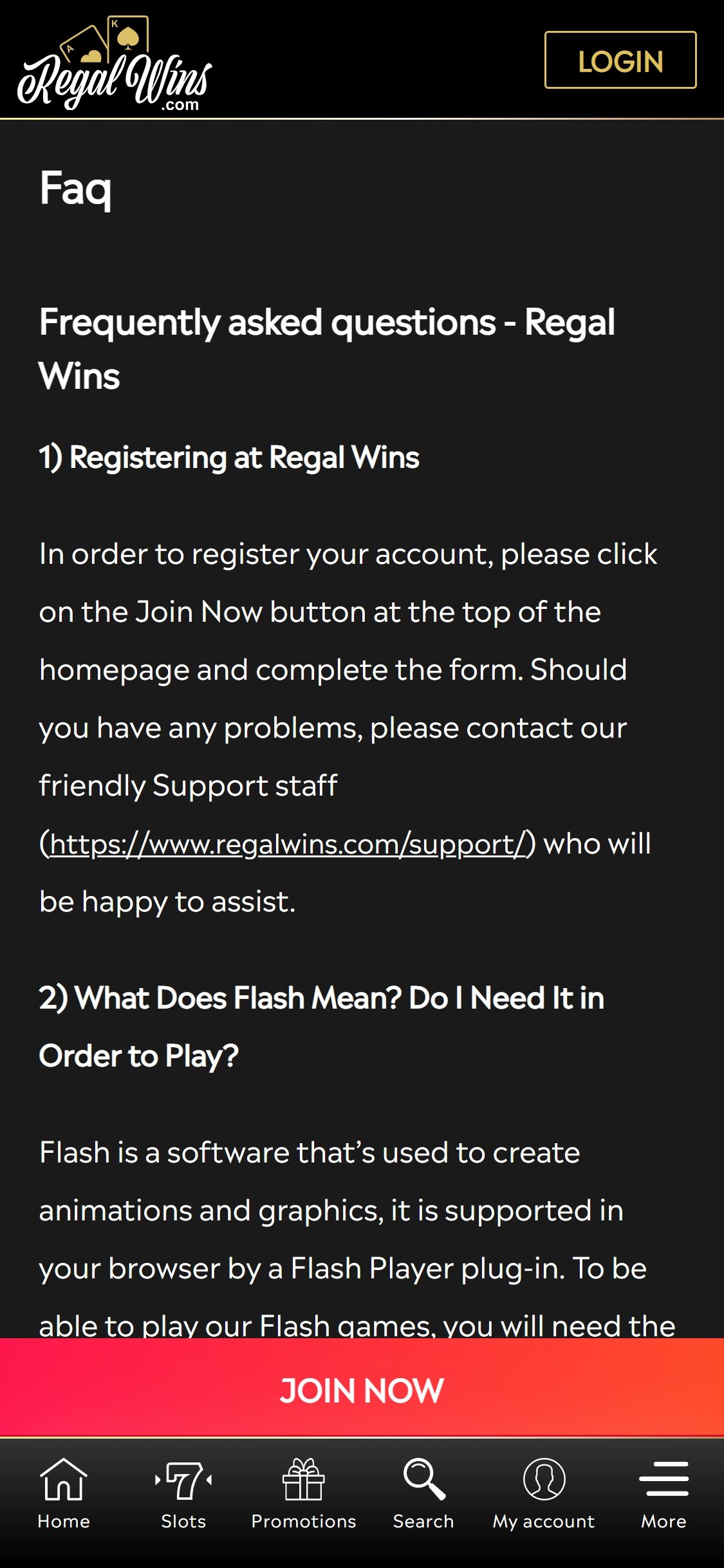 Regal Wins Casino Mobile Support Review