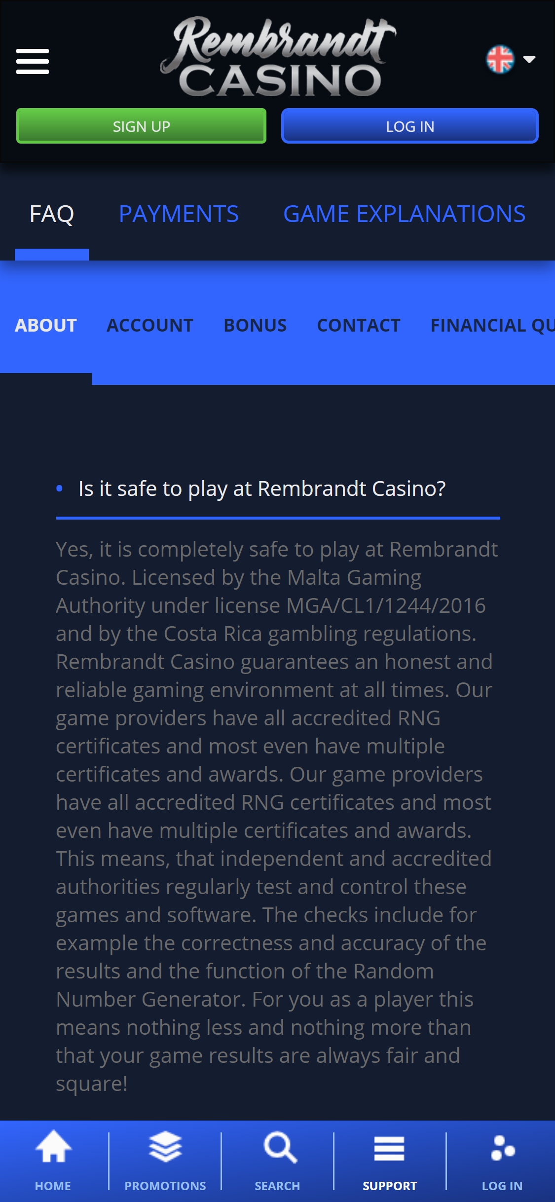 Rembrandt Casino Mobile Support Review