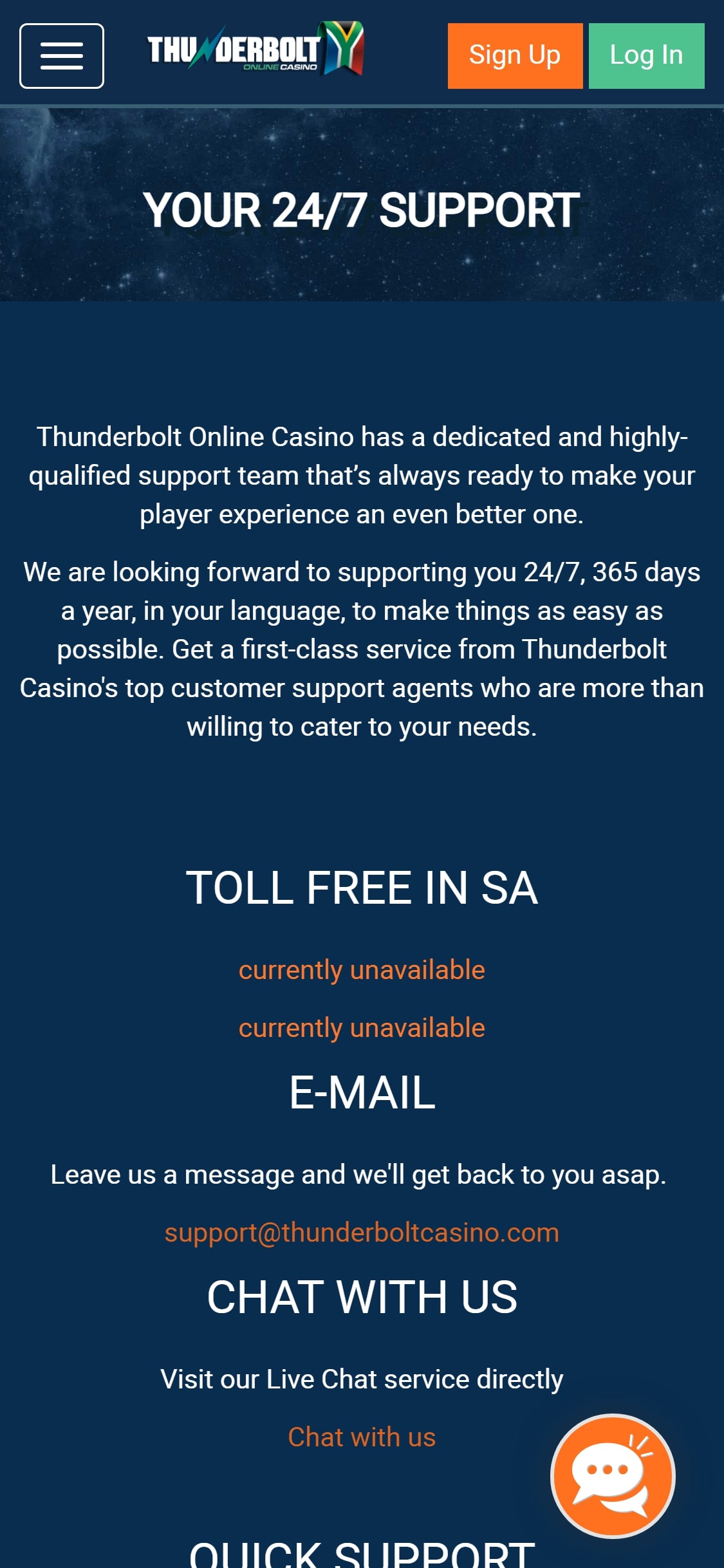 Thunderbolt Casino Mobile Support Review