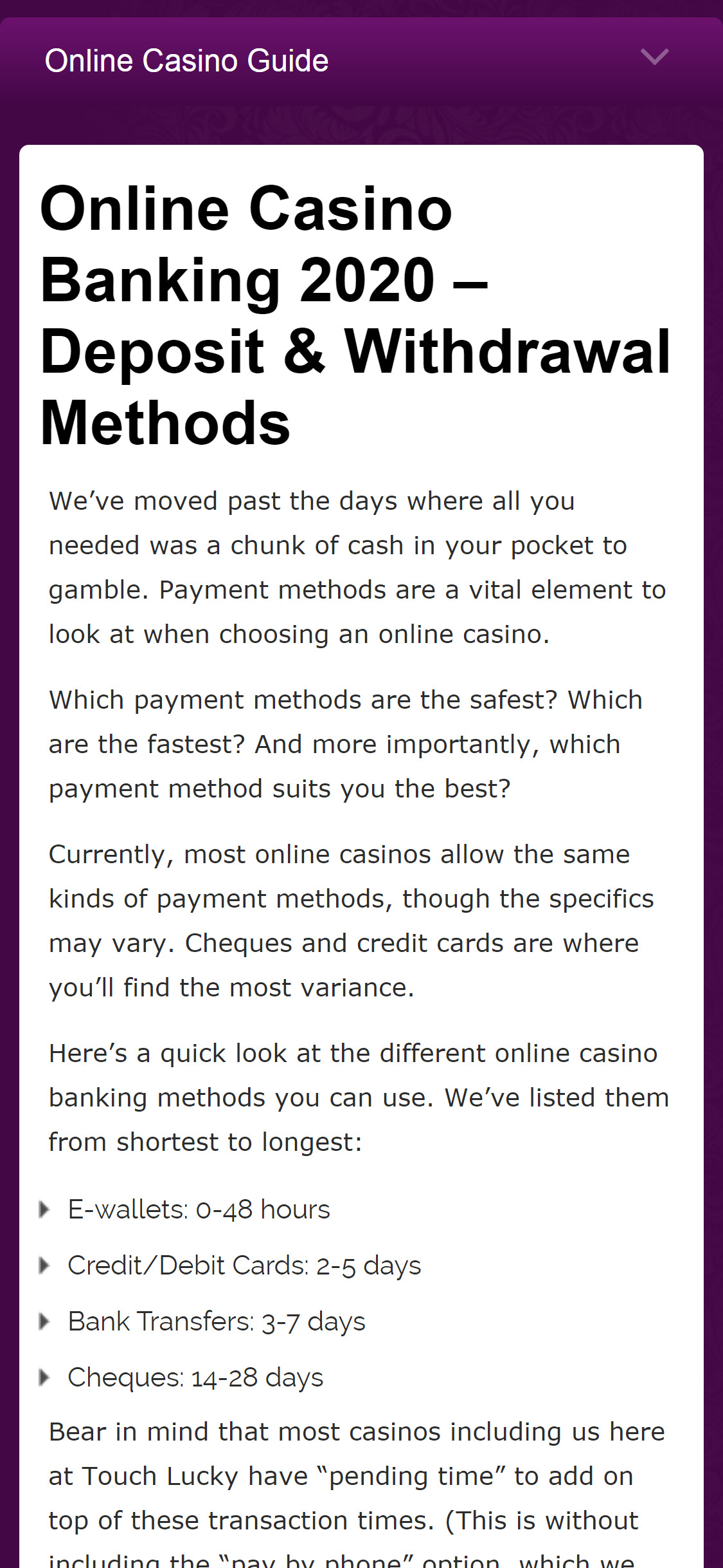 Touch Lucky Casino Mobile Payment Methods Review