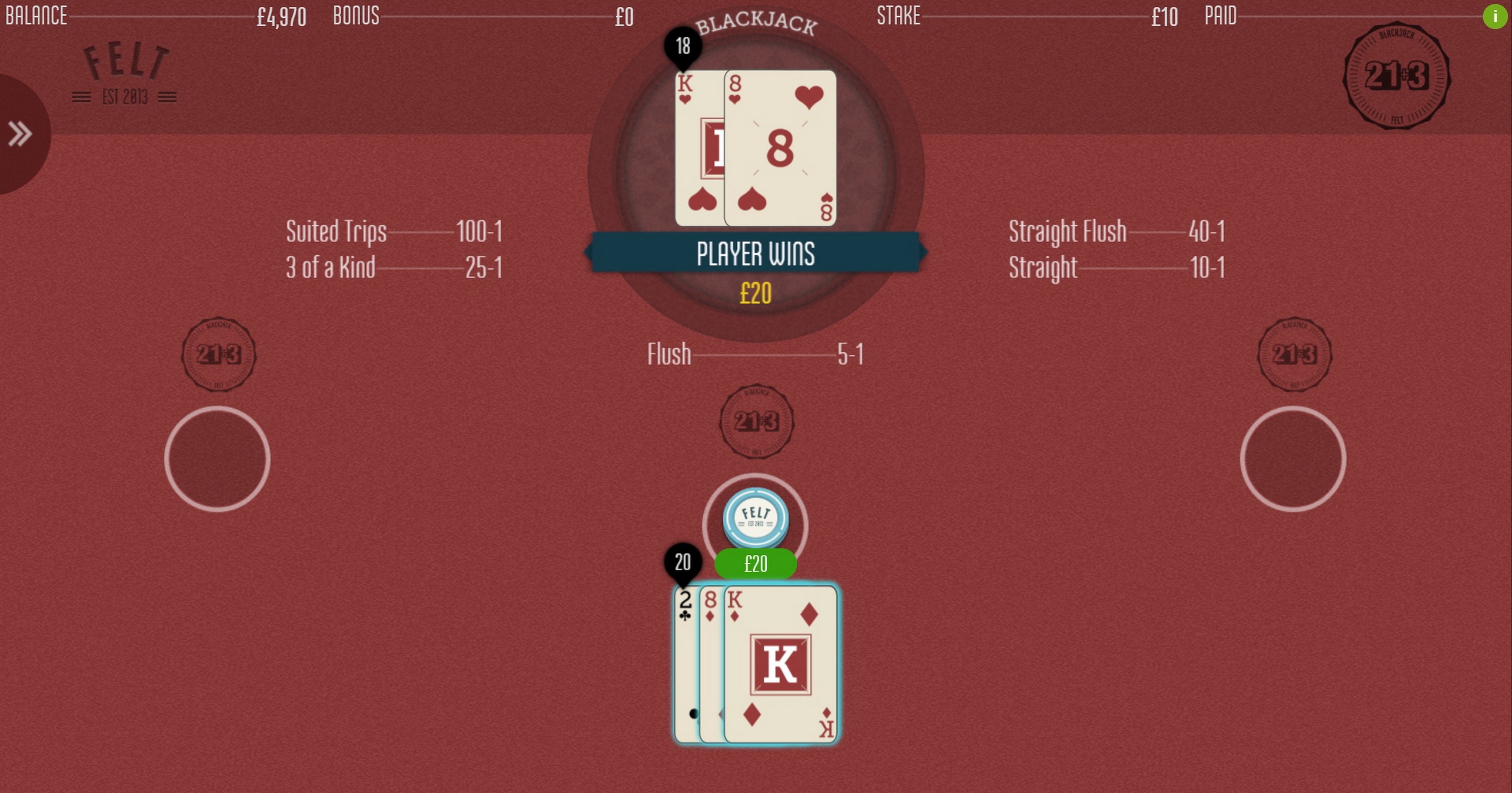Win Money in 21+3 Blackjack Free Slot Game by Felt