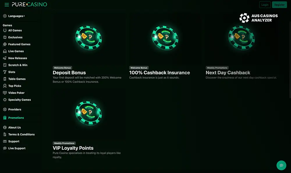 Pure Casino promo codes for Aussies