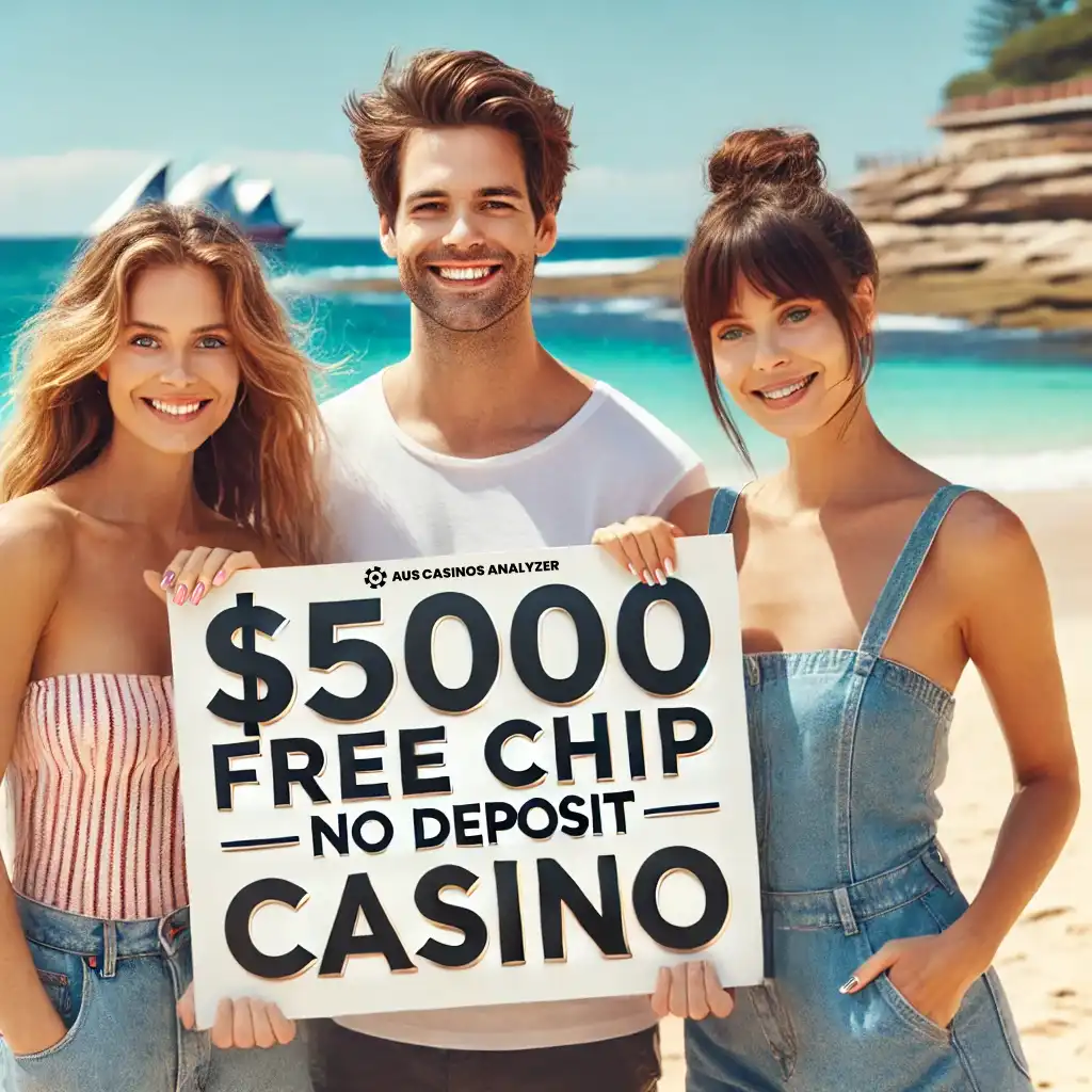 Happy australian trio presenting 5000$ No Deposit Bonus on a sunny beach day