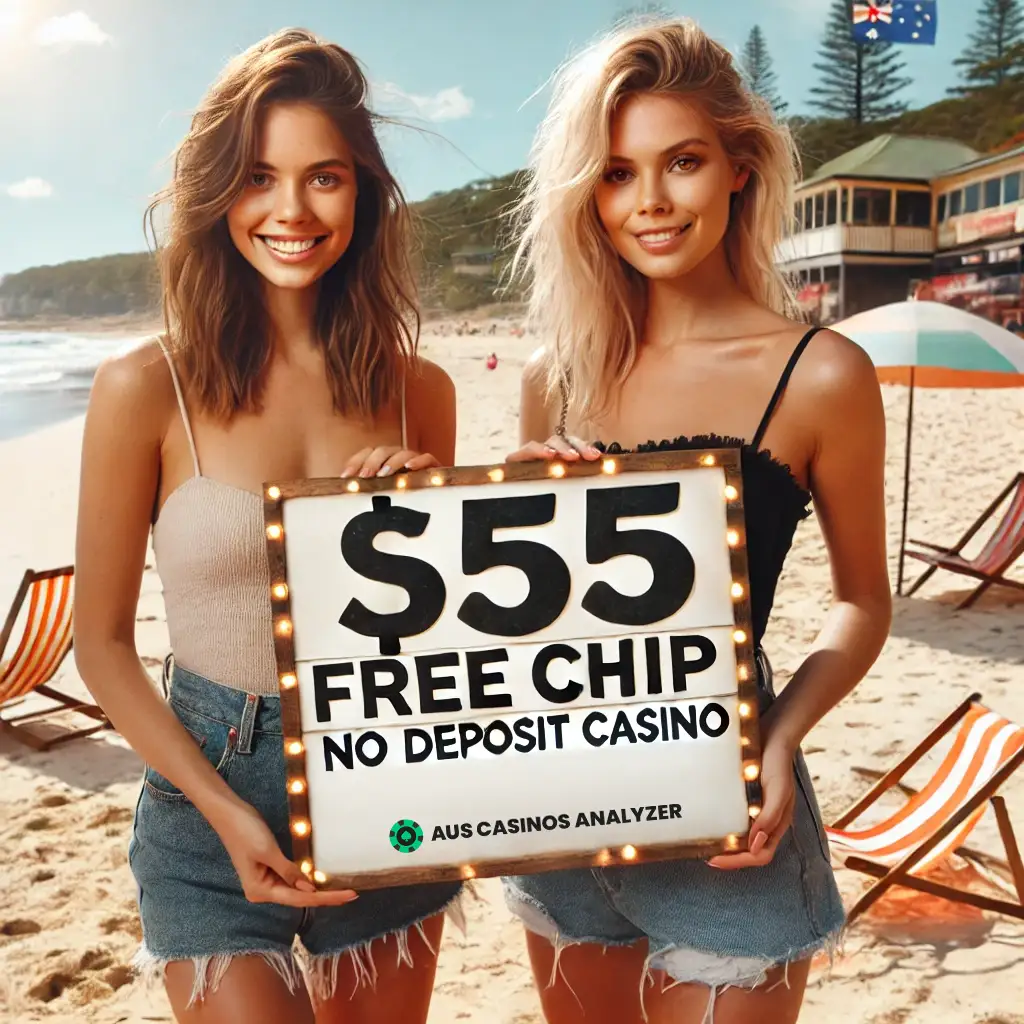 Smiling girls on a beach holding a board with $55 No Deposit Bonus Codes displayed