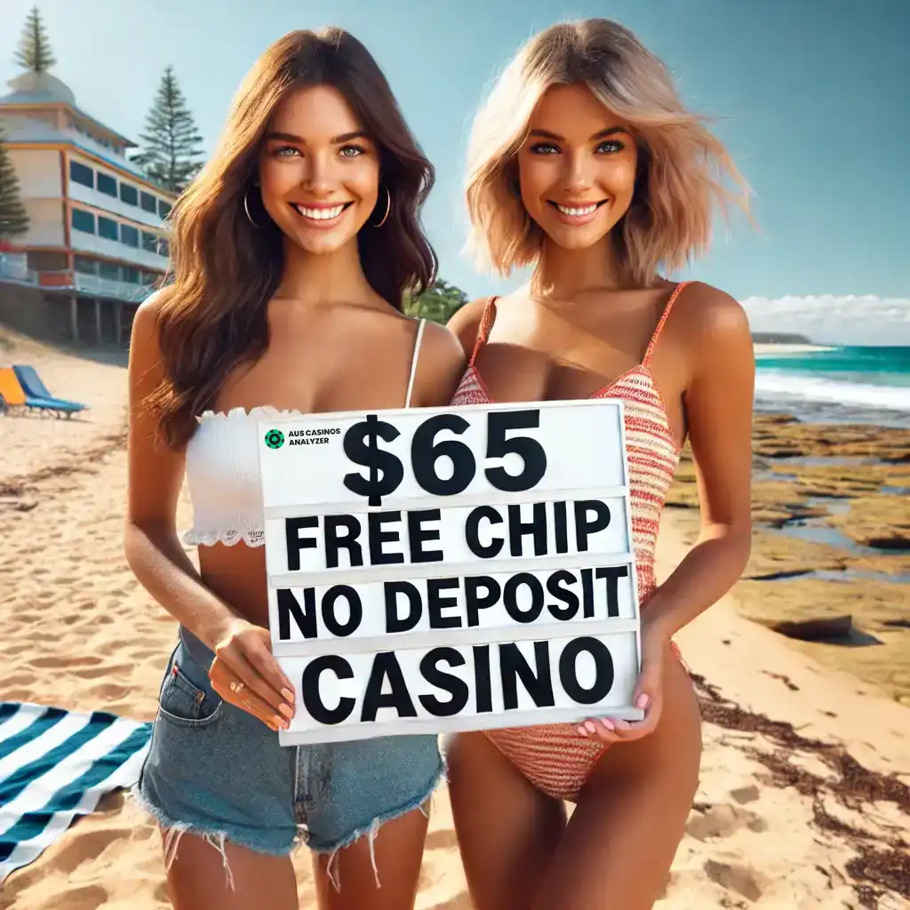 Aussie girlfriends on the beach showcasing a sign with 65$ No Deposit Bonus Codes