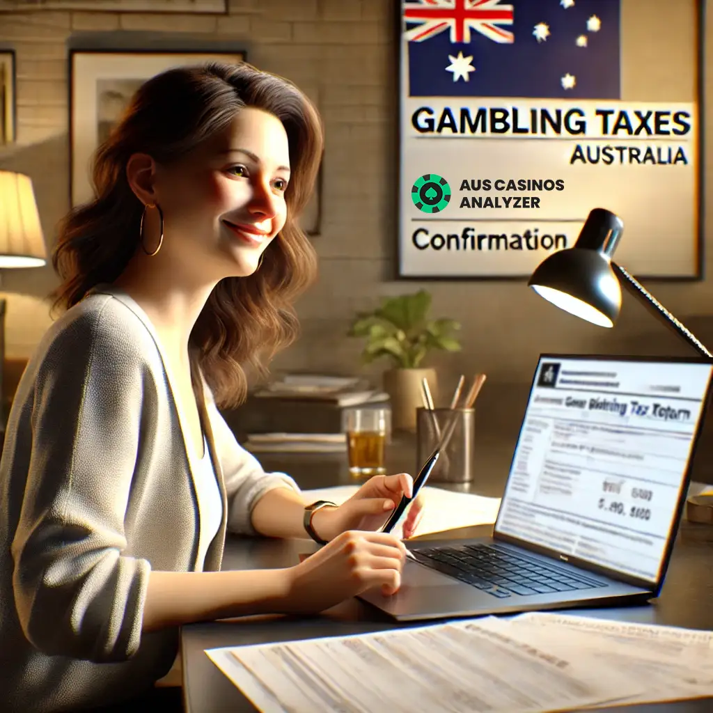 Smiling woman studies gambling taxes in Australia on her laptop with supporting documents visible