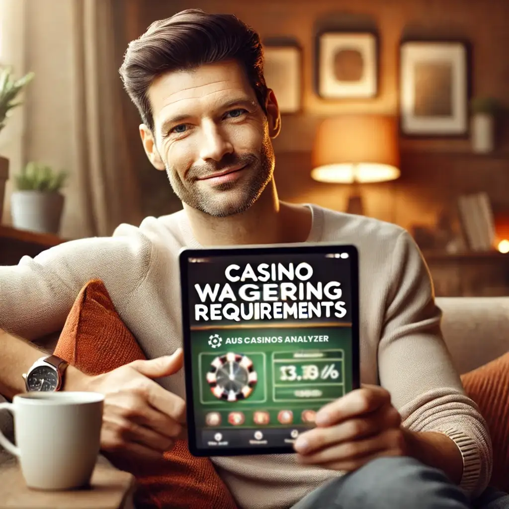 Smiling man holding a tablet displaying online casinos wagering requirements in a cozy room