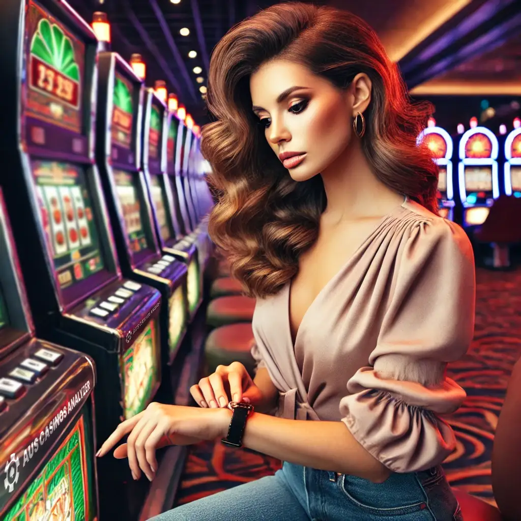 Elegant woman at slot machines practicing responsible gambling in a well-lit casino environment