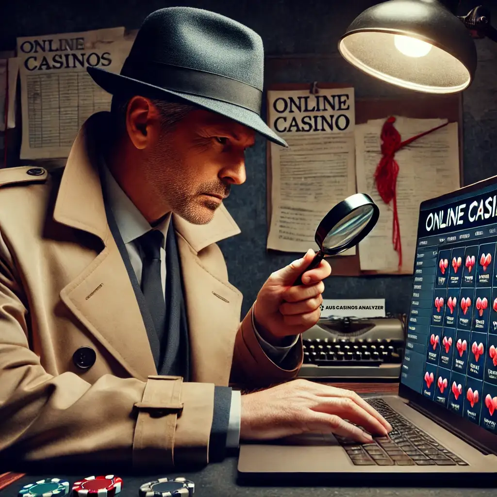 Detective examining online casino myths on a laptop surrounded by casino-related documents