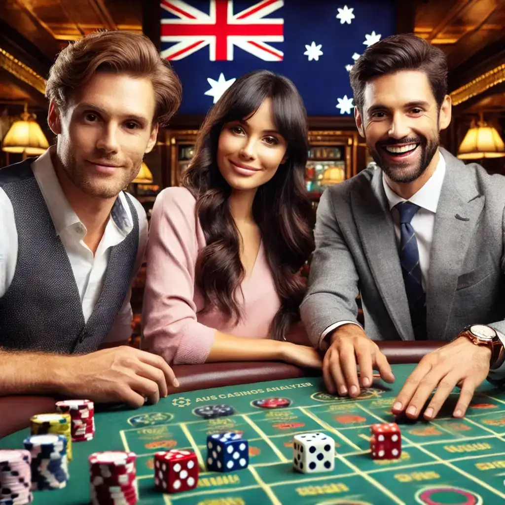 Group of friends at a casino table playing SicBo under an Australian flag backdrop