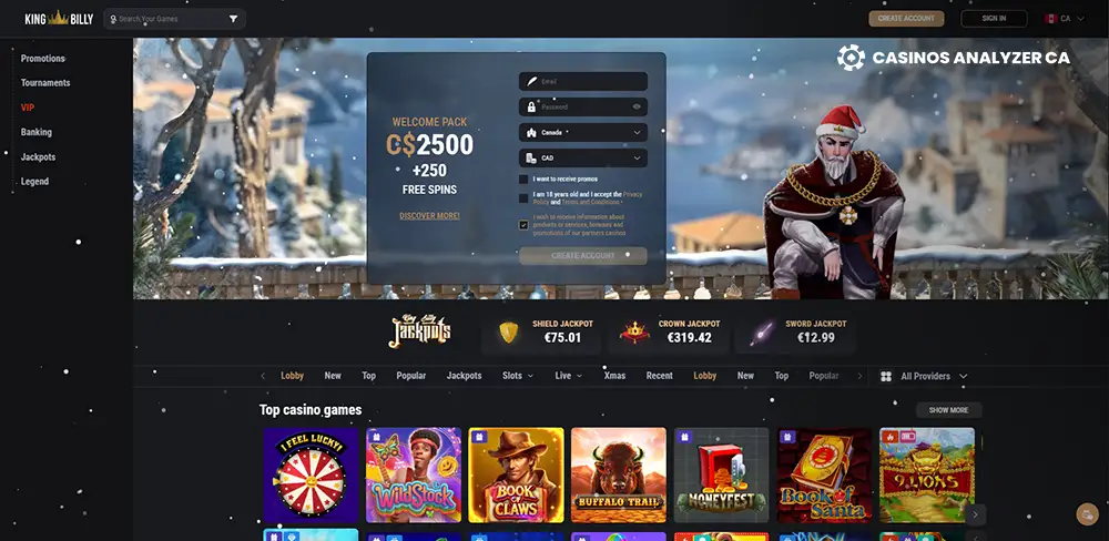 King Billy No Deposit Bonus Screenshot