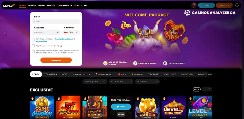 Level Up Casino No Deposit Bonus Screenshot