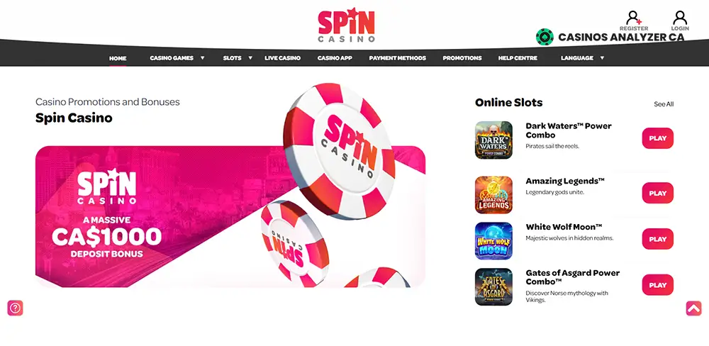 Spin Casino No Deposit Bonus Screenshot