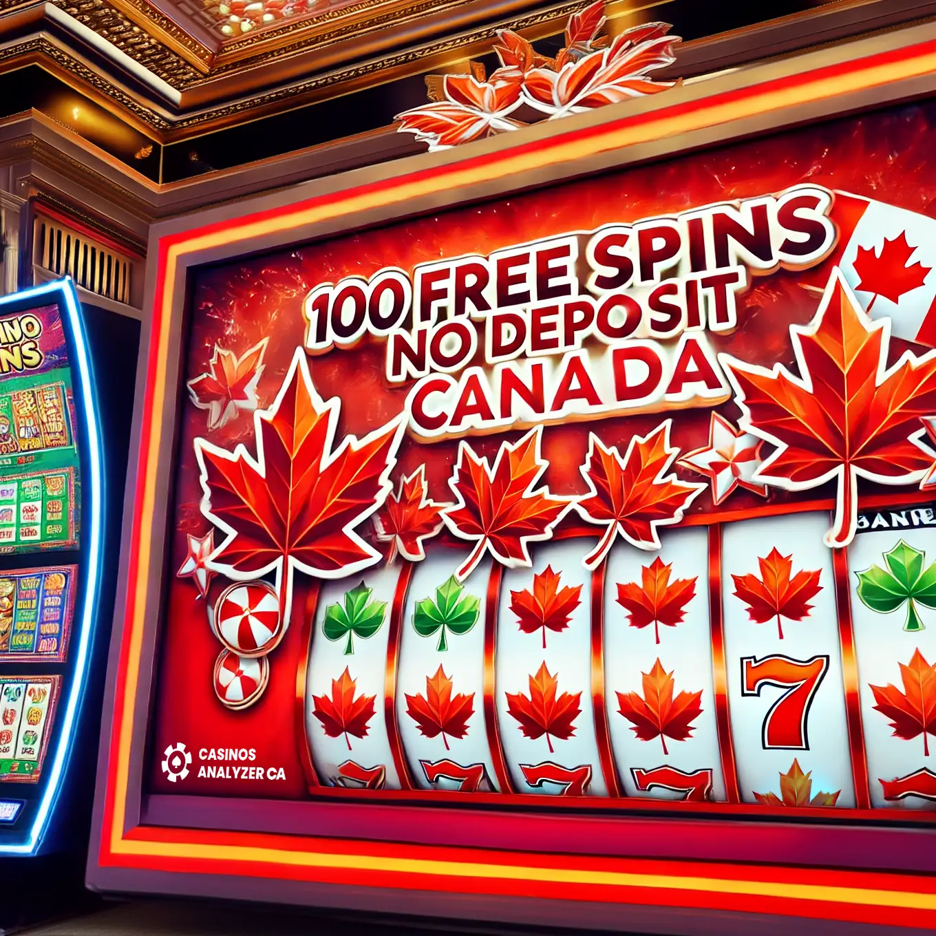 Banner with 100 Free Spins No Deposit Canada and maple leaf-themed slots