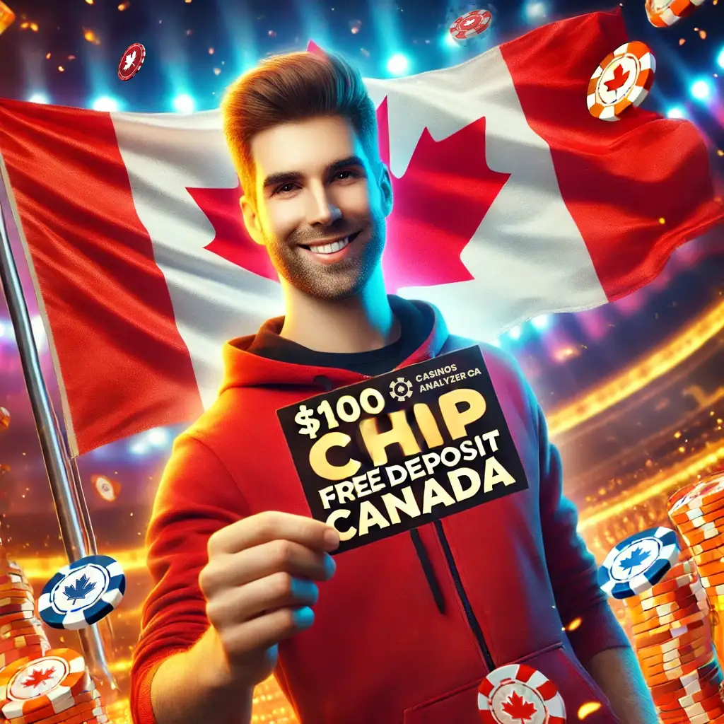 Canadian player holding 0 Free Chip No Deposit Canada voucher with flag backdrop