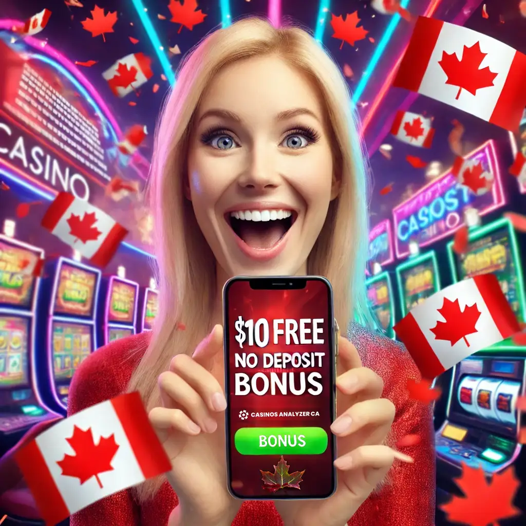 Canadian player claiming  Free No Deposit Casino Bonus with maple leaf confetti