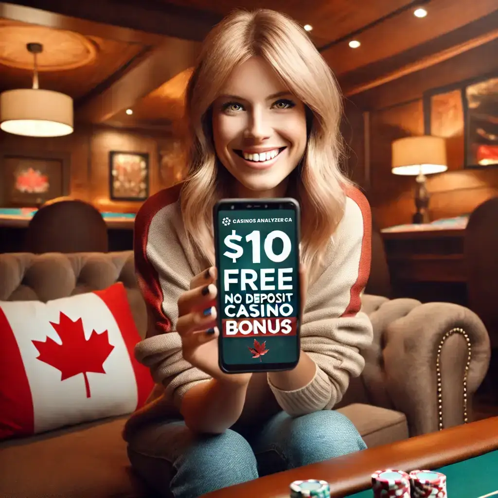 Canadian player enjoying  Free No Deposit Casino Bonus in cozy room with flag