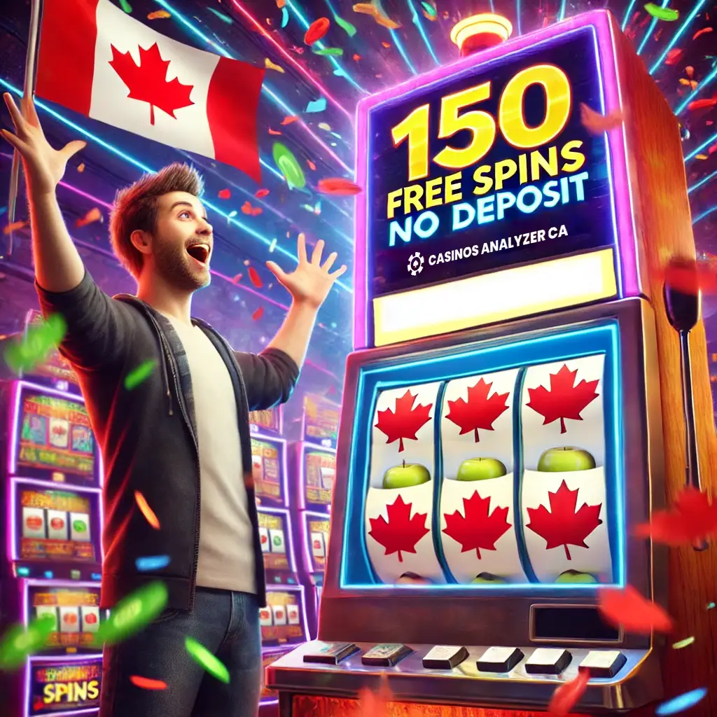 Canadian player receiving 150 Free Spins No Deposit with 'Winner' sign and maple leaves