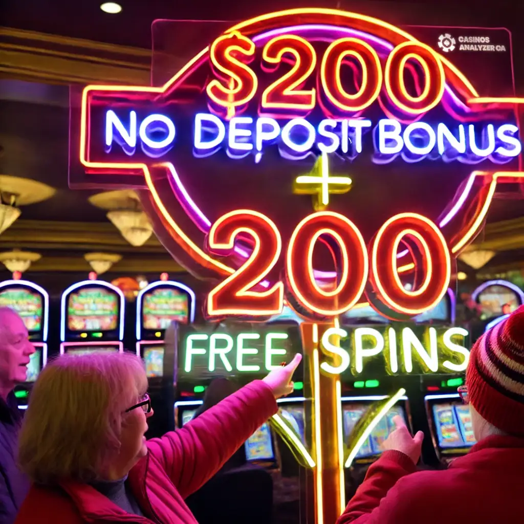 Neon sign for 0 No Deposit Bonus 200 Free Spins lighting up Canadian casino