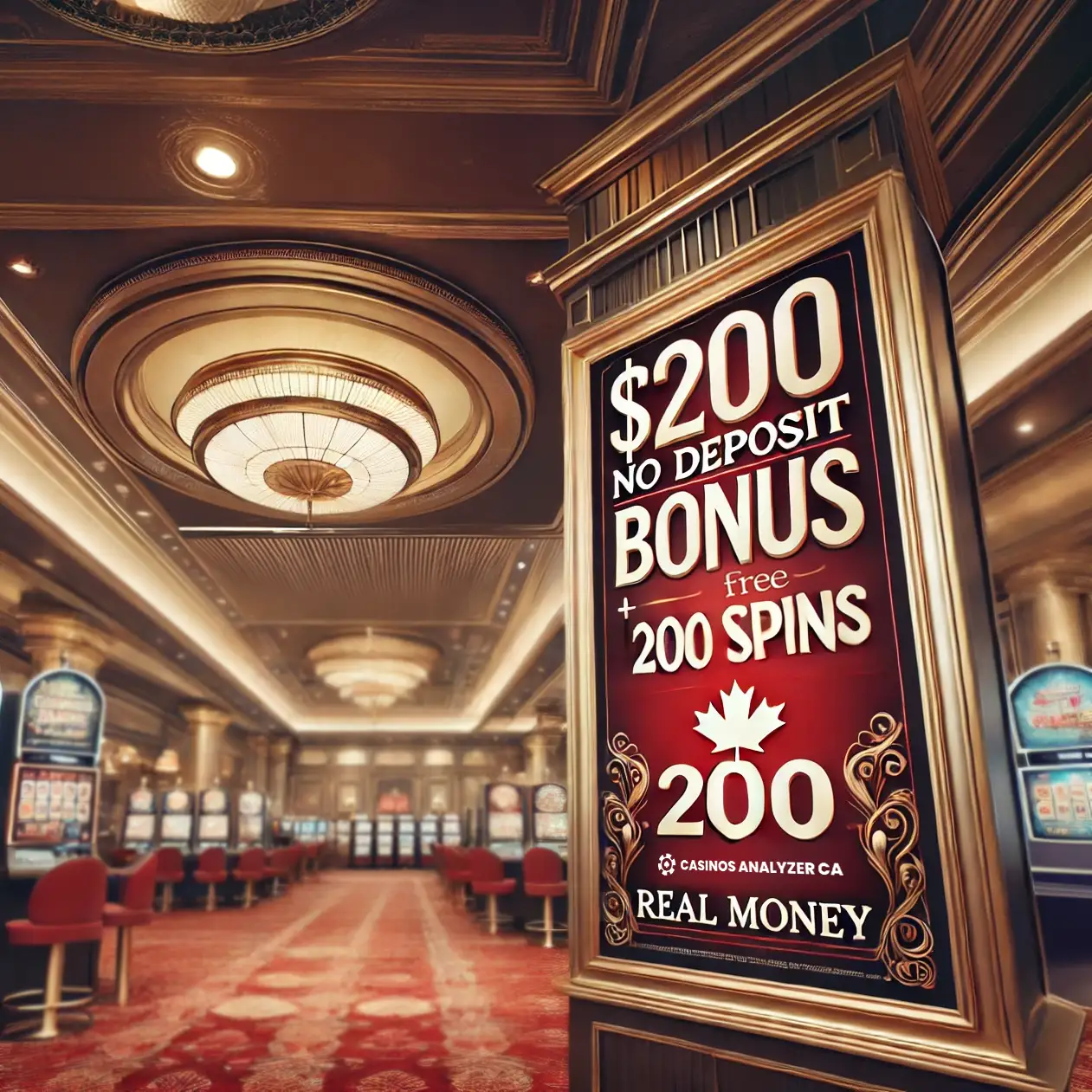 Banner for 0 No Deposit Bonus 200 Free Spins Real Money in luxury Canadian casino