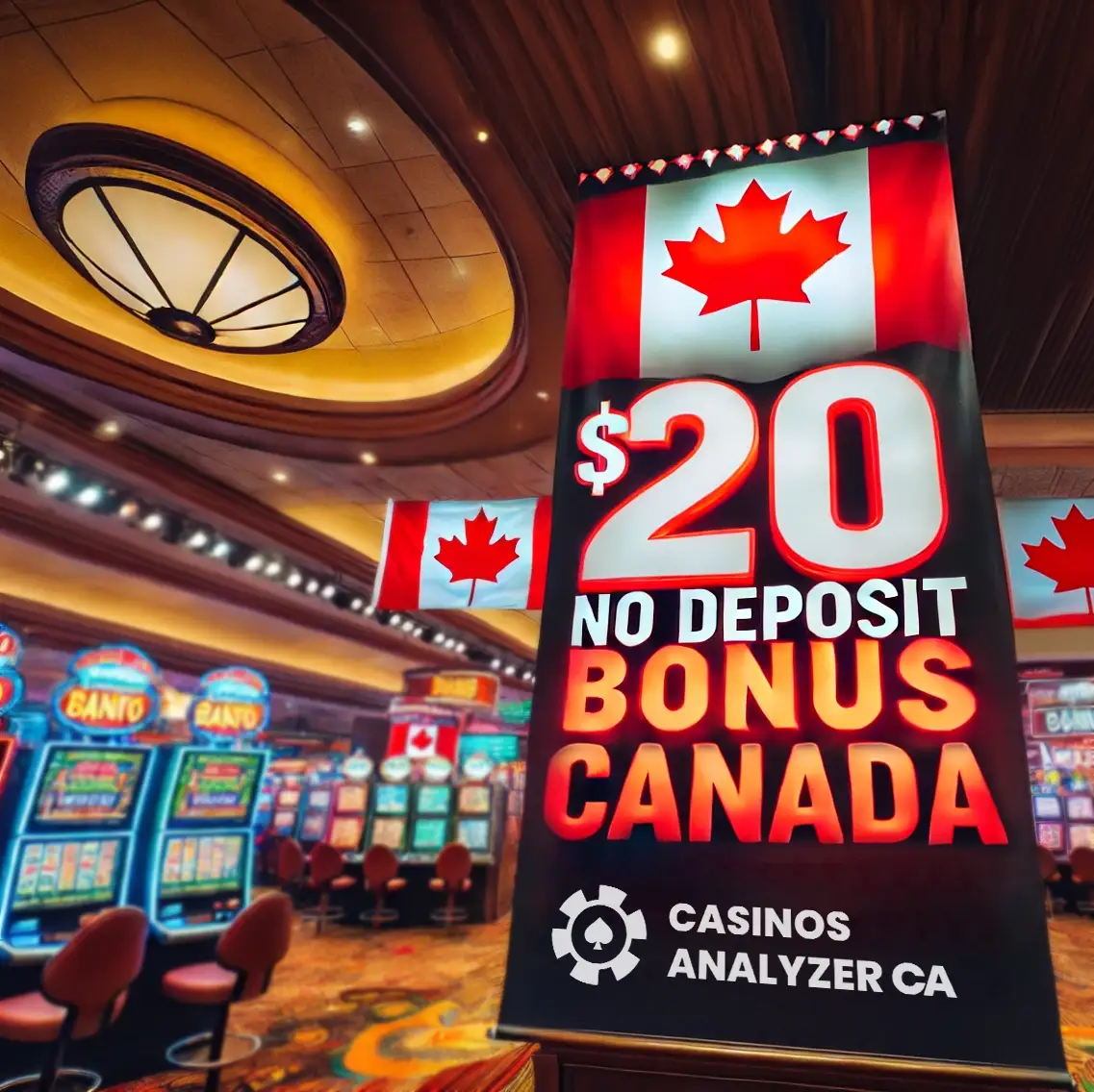 Canadian flag overlay with  No Deposit Bonus Canada on casino floor