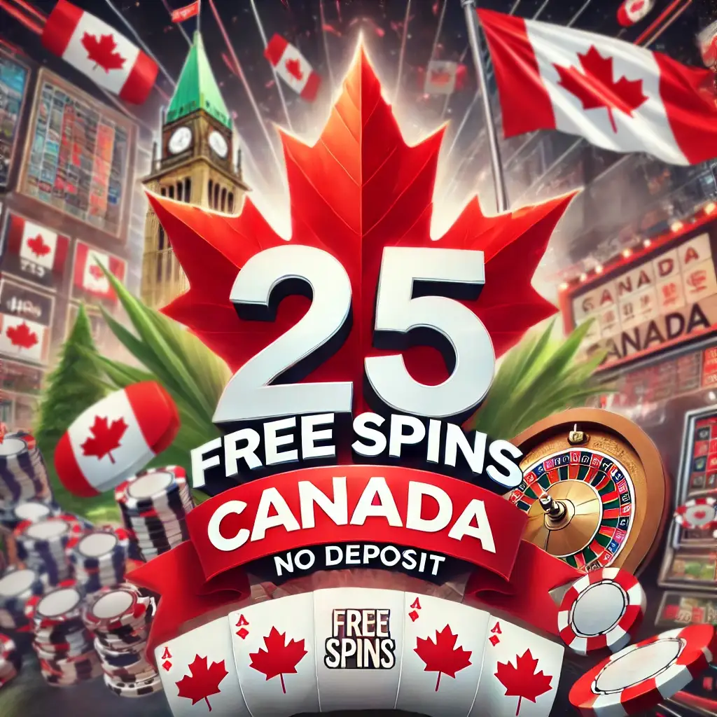 Canadian-themed banner with 25 Free Spins No Deposit Canada in dynamic casino scene