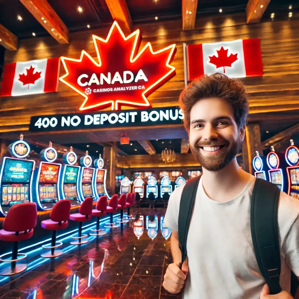 Canadian player in front of neon sign offering 400 No Deposit Bonus in modern casino