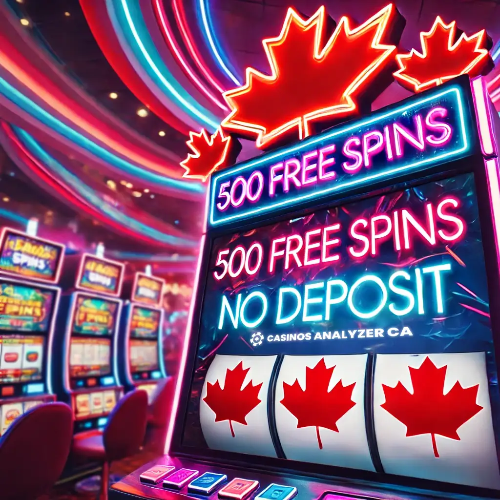 Slot machine displaying 500 Free Spins No Deposit with Canadian-themed visuals