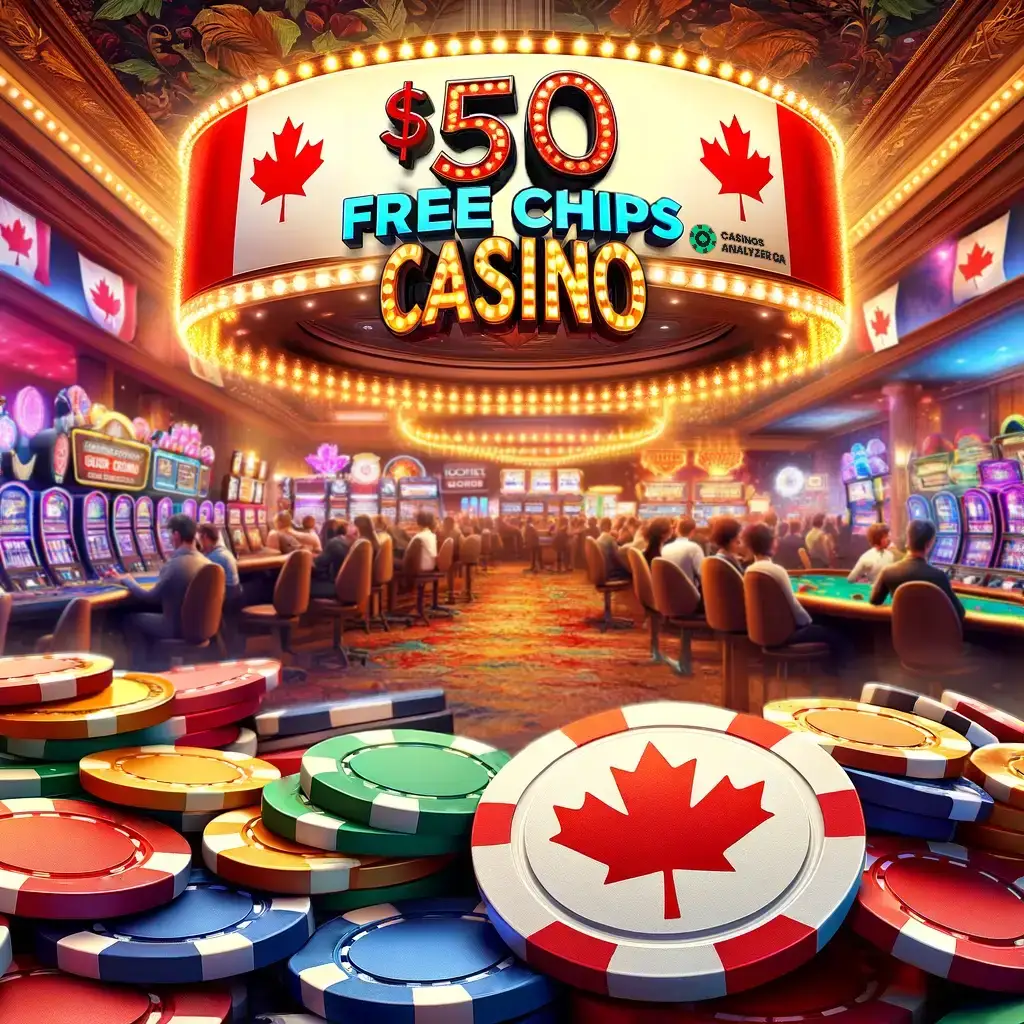 Pile of chips with  Free Chips Casino banner in lively Canadian casino