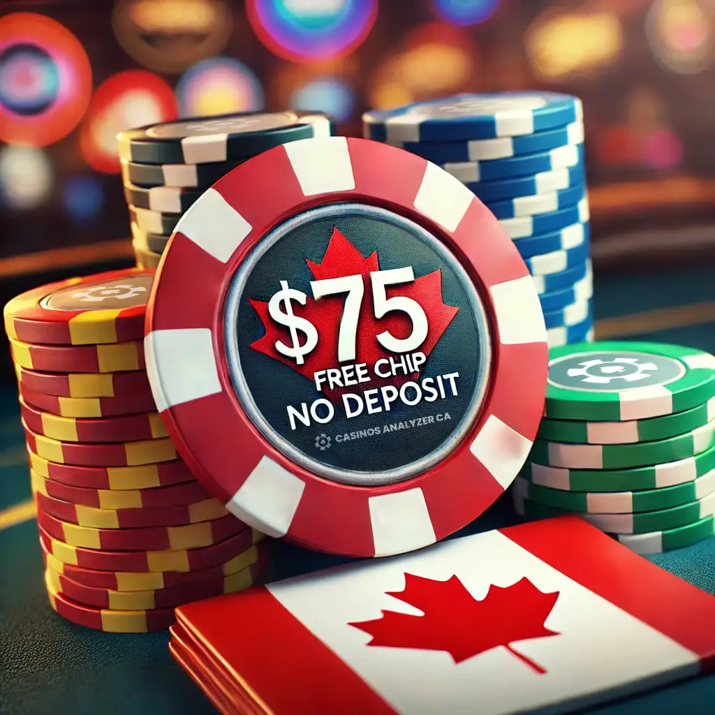  Free Chip No Deposit chip on stack surrounded by Canadian flags and lights