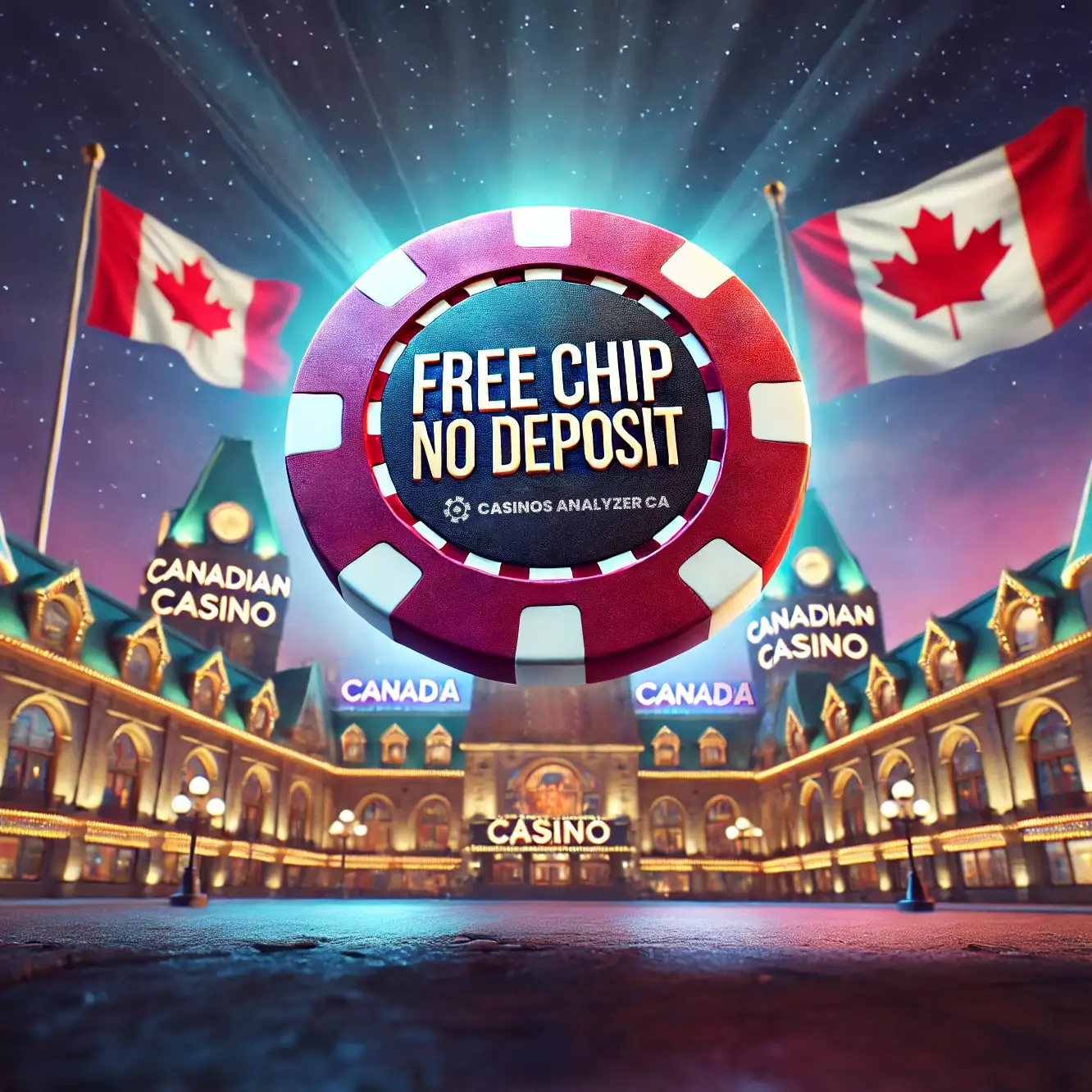 Glowing chip with Free Chip No Deposit, set against virtual Canadian casino backdrop